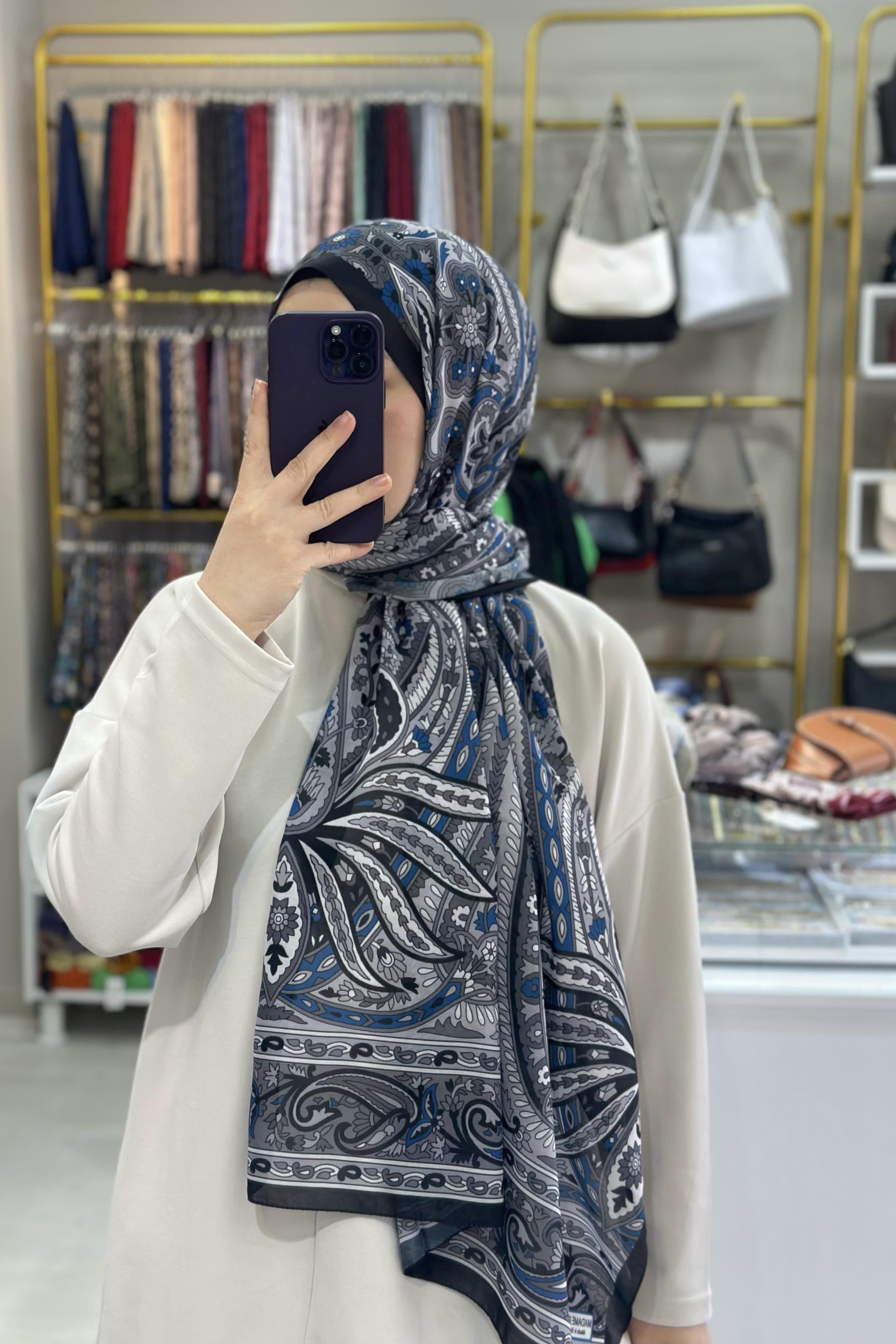 Mavi-Siyah Etnik Desenli Soft Şal