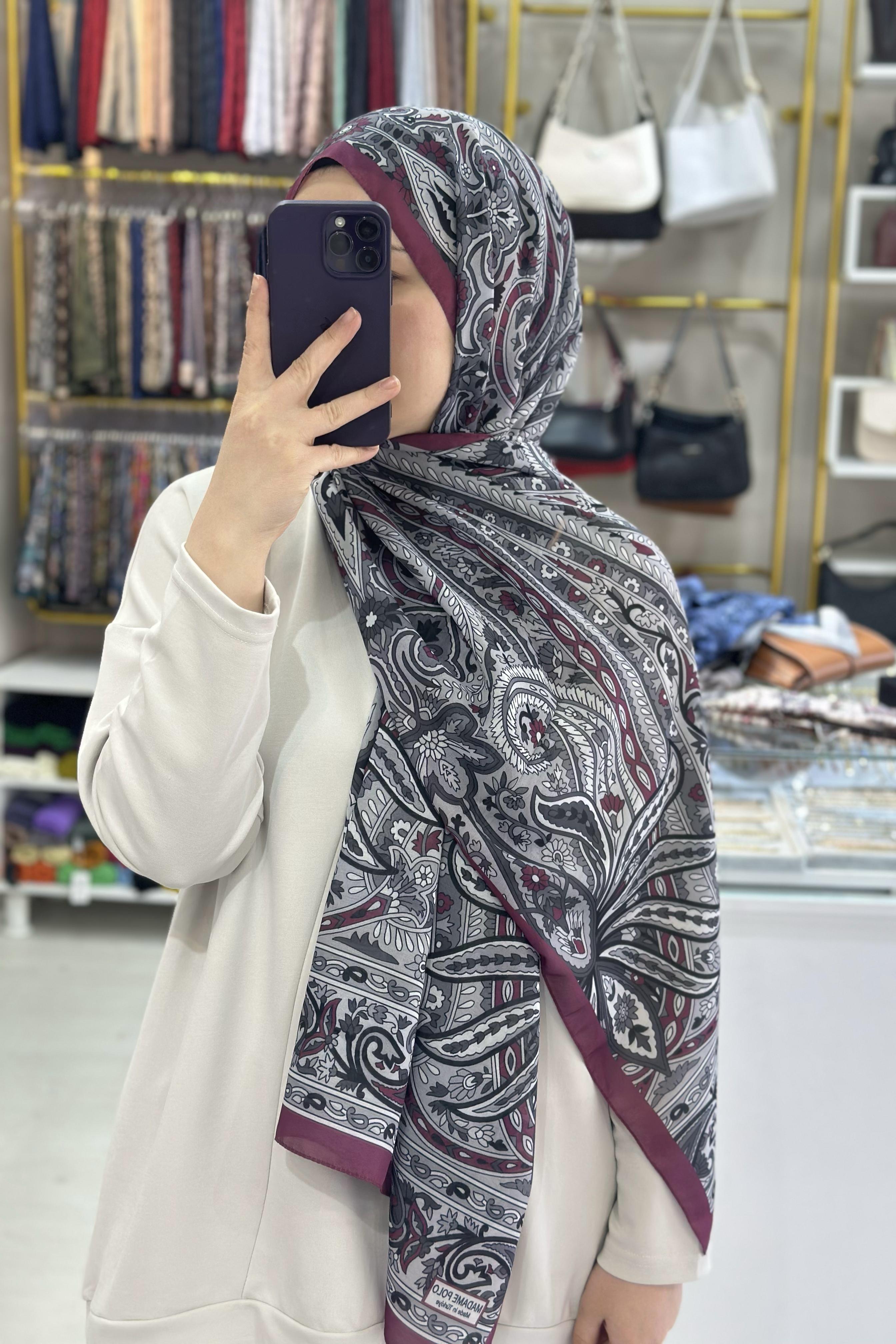 Mor-Gri Etnik Desenli Soft Şal