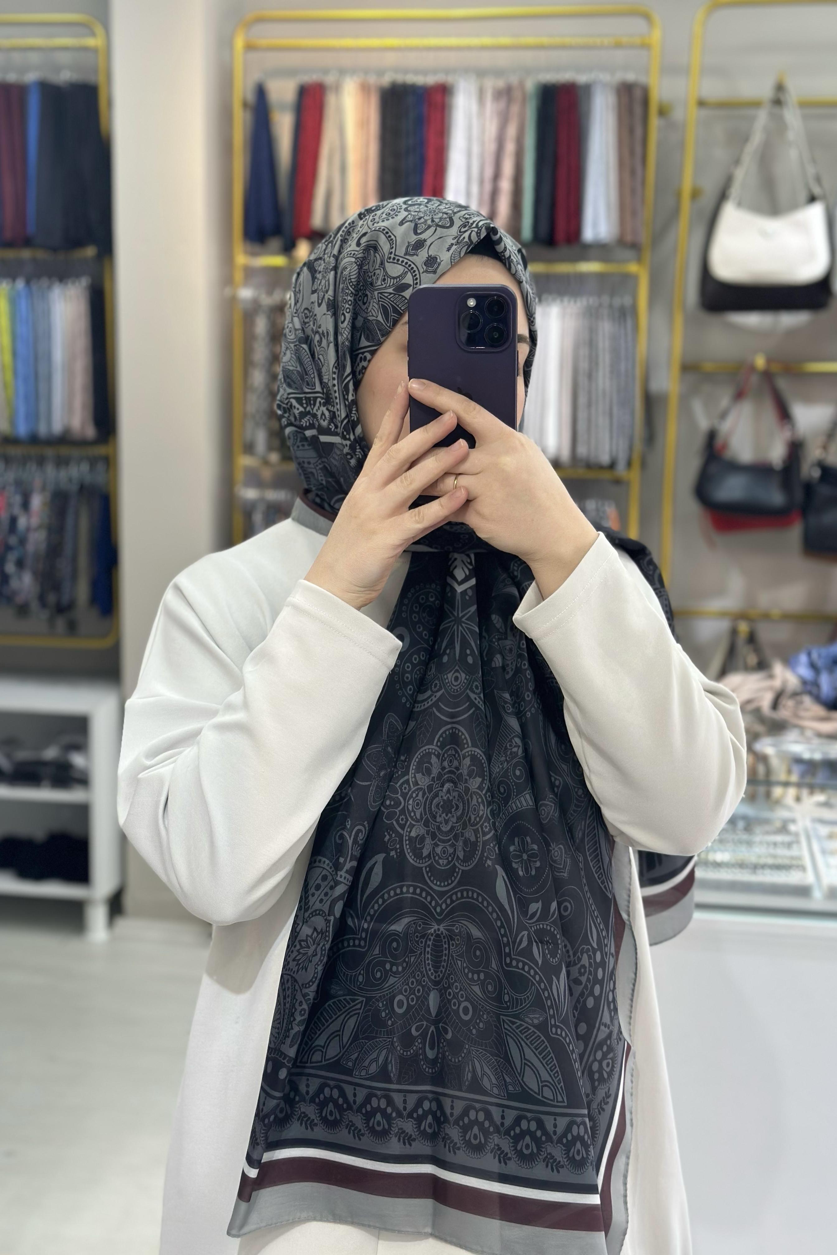 Bordo-Gri İpekhan Etnik Desenli Soft Şal