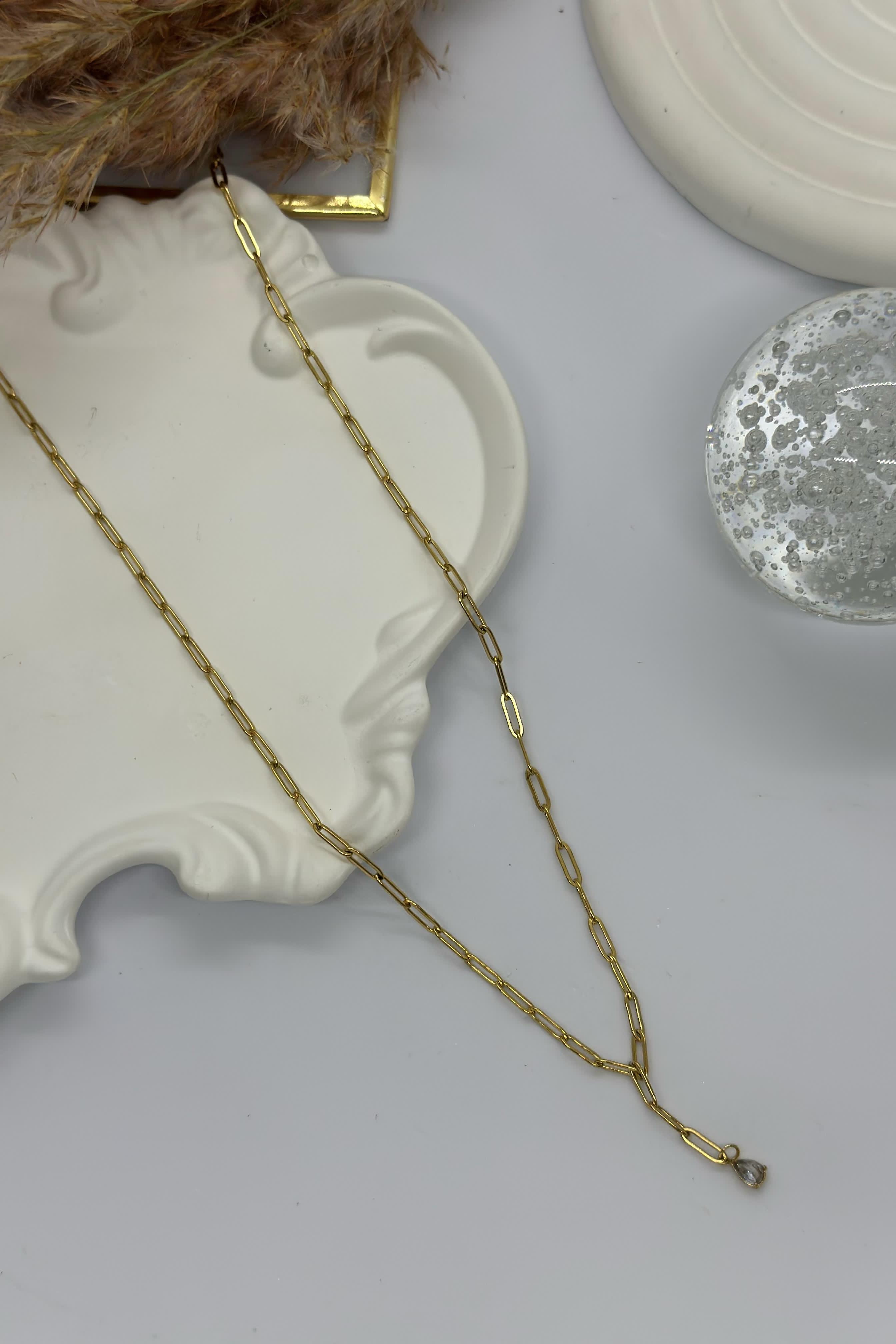 Taşlı Ataç Gold Çelik Kolye