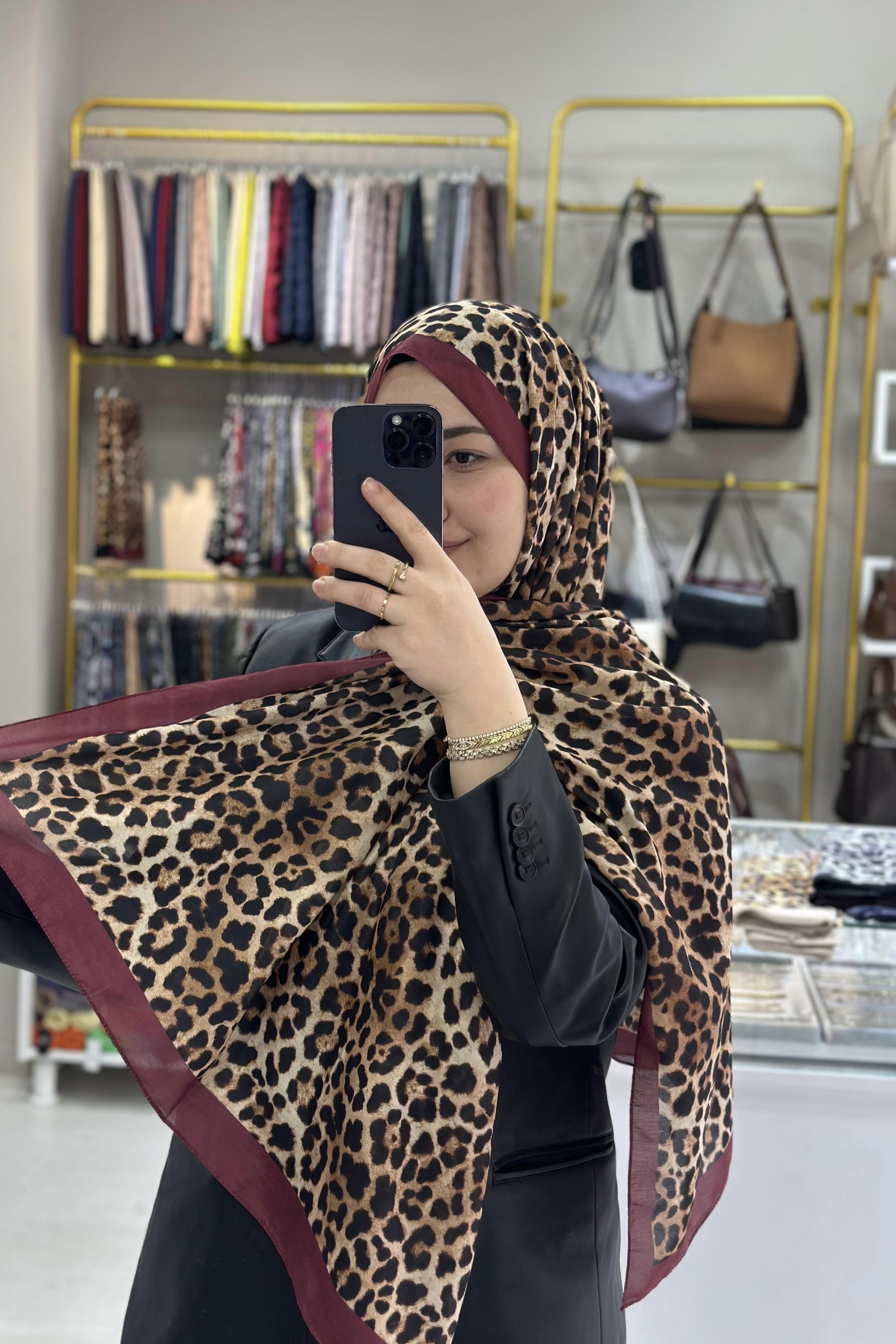 Bordo Şeritli Leopar Desen Soft Şal