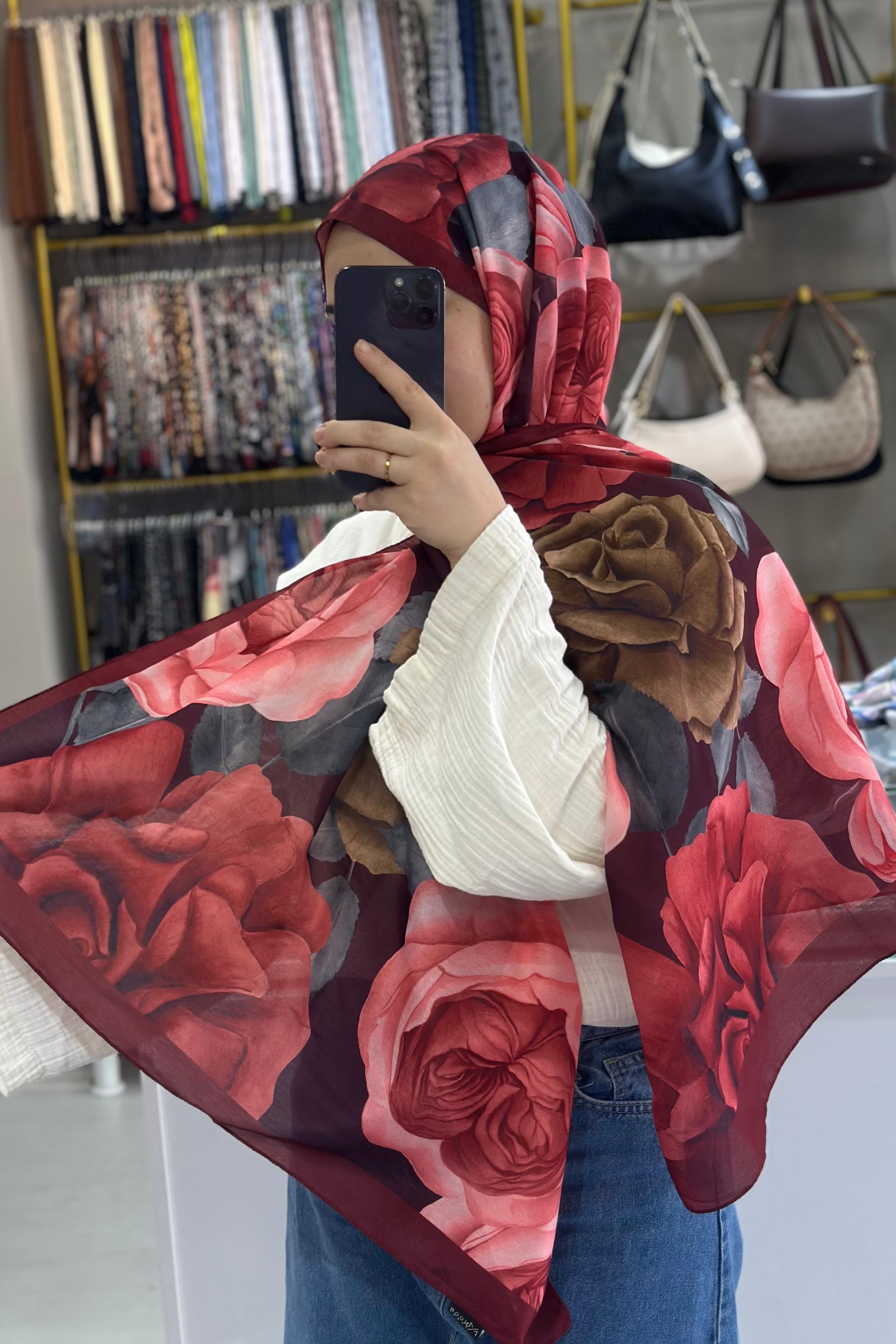 Bordo-Kahverengi Gül Desenli Şal