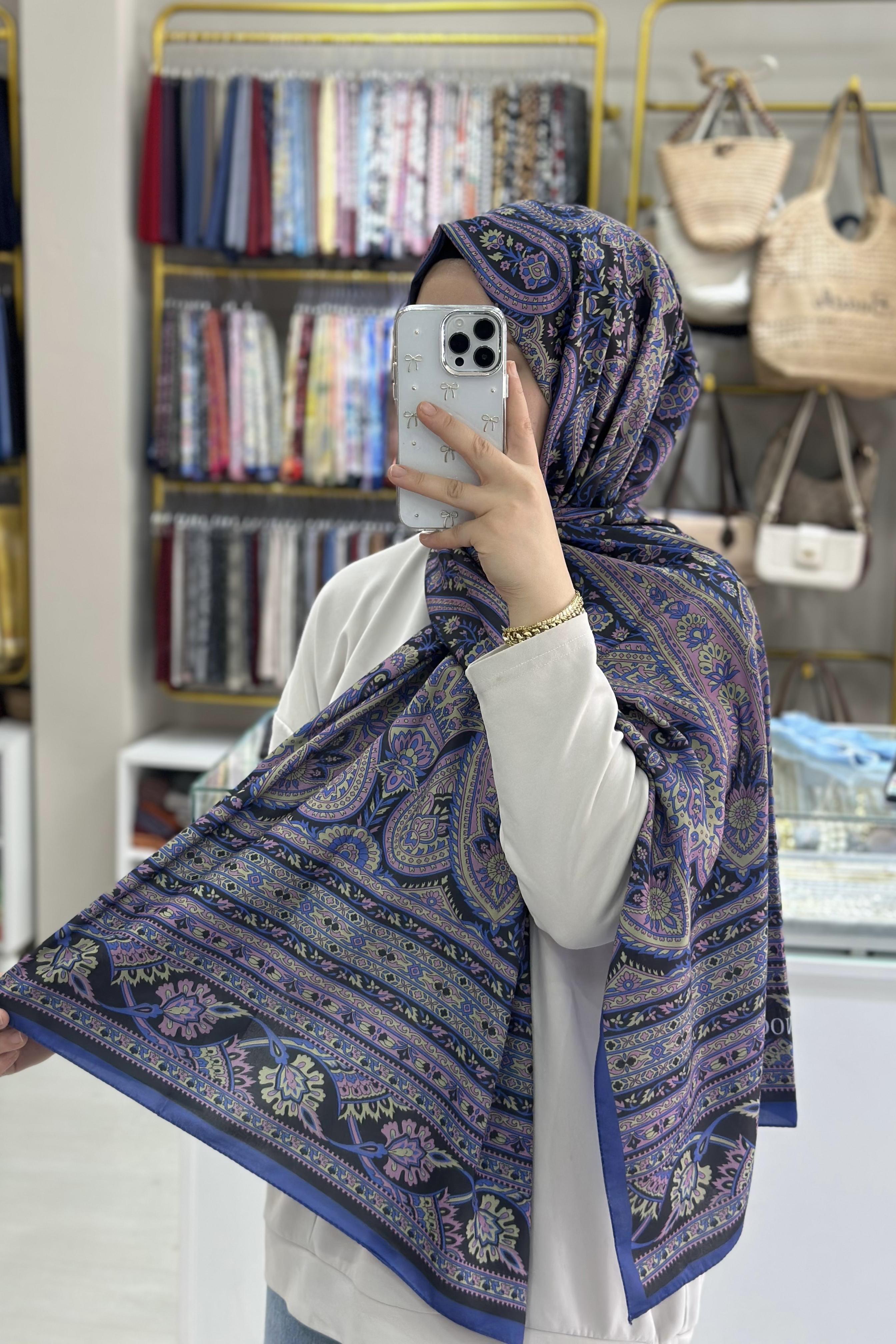 Mavi-Mor Etnik Desenli Soft Şal