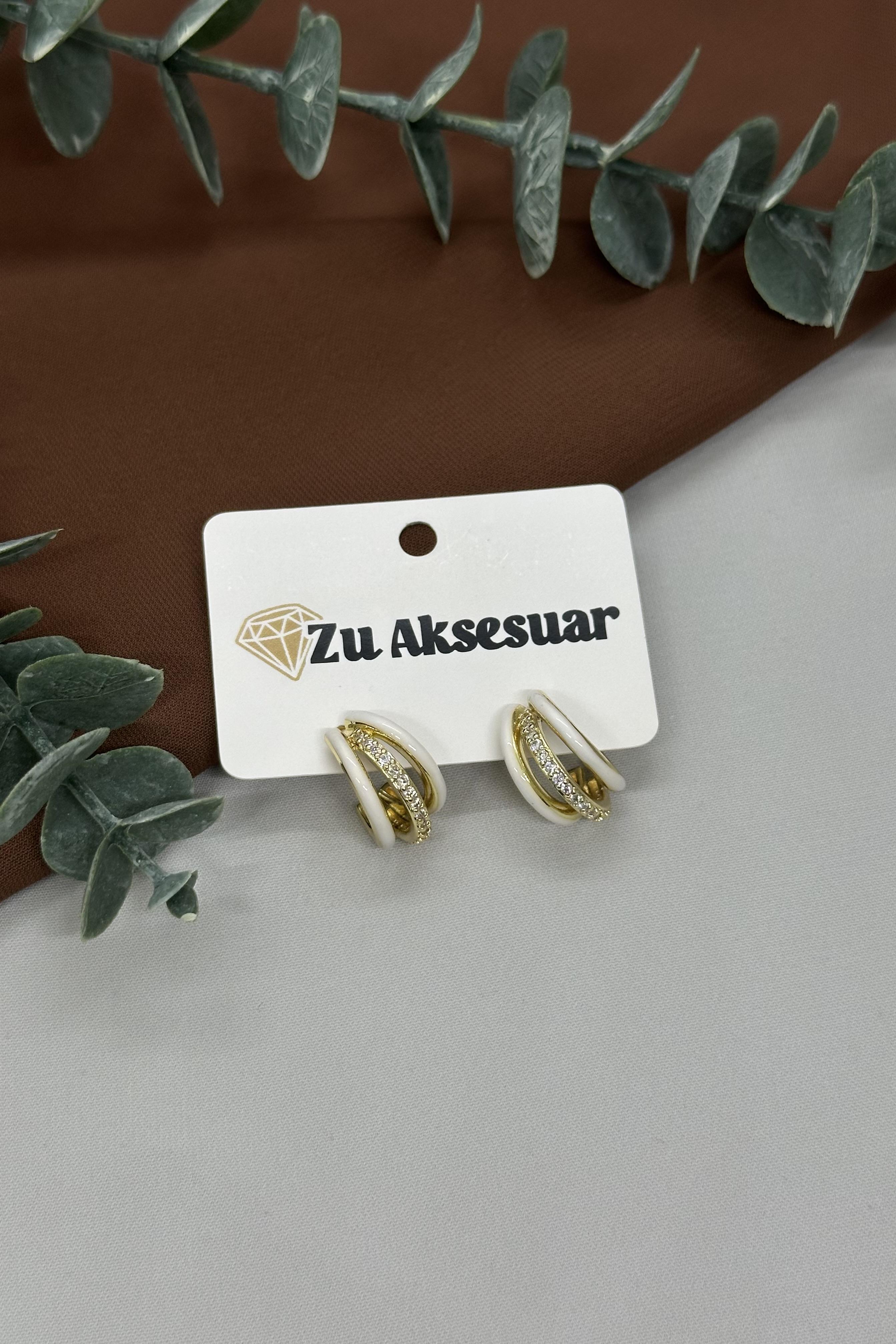 Beyaz-Gold Taşlı Küpe