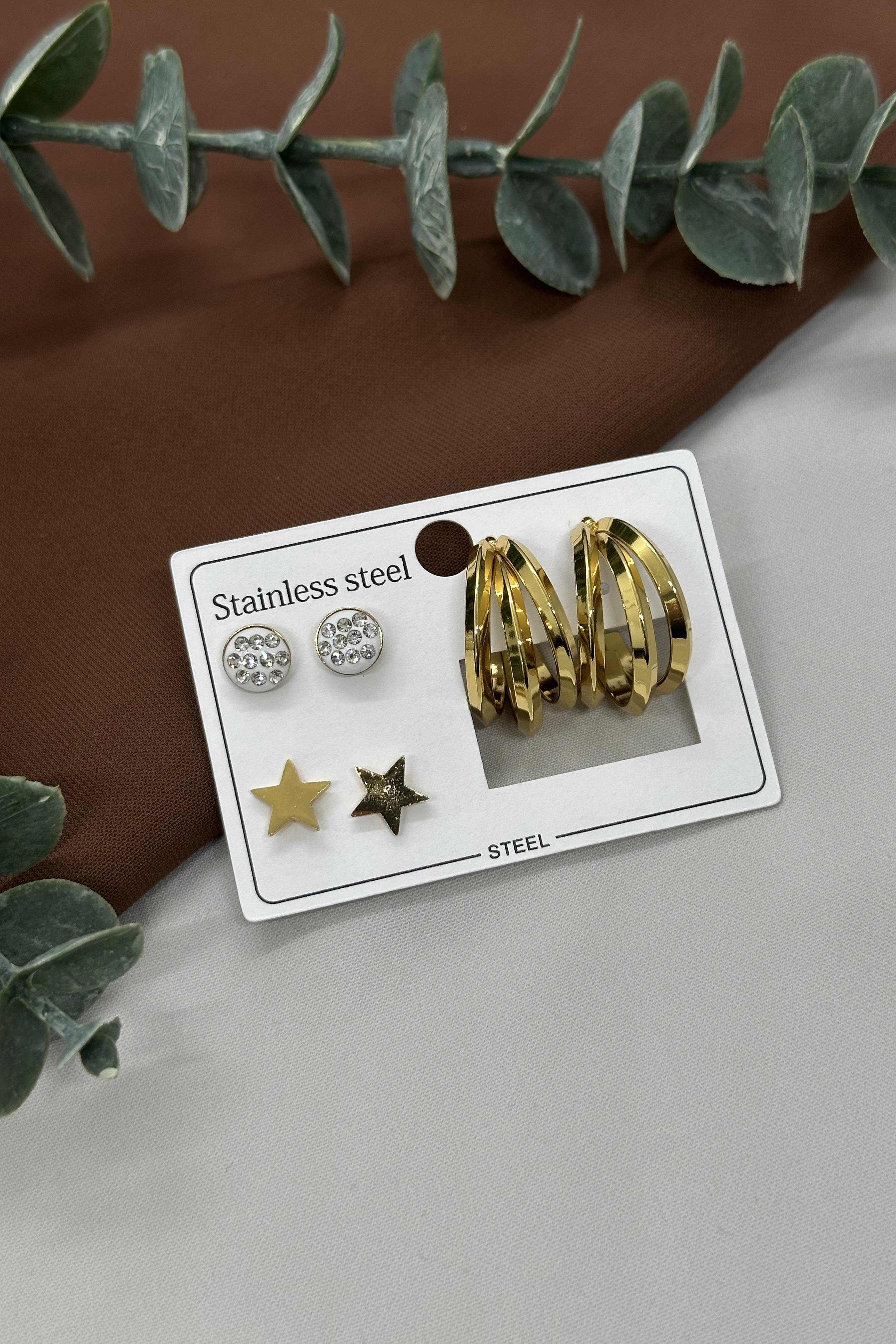 Gold Çoklu Çelik Küpe Set