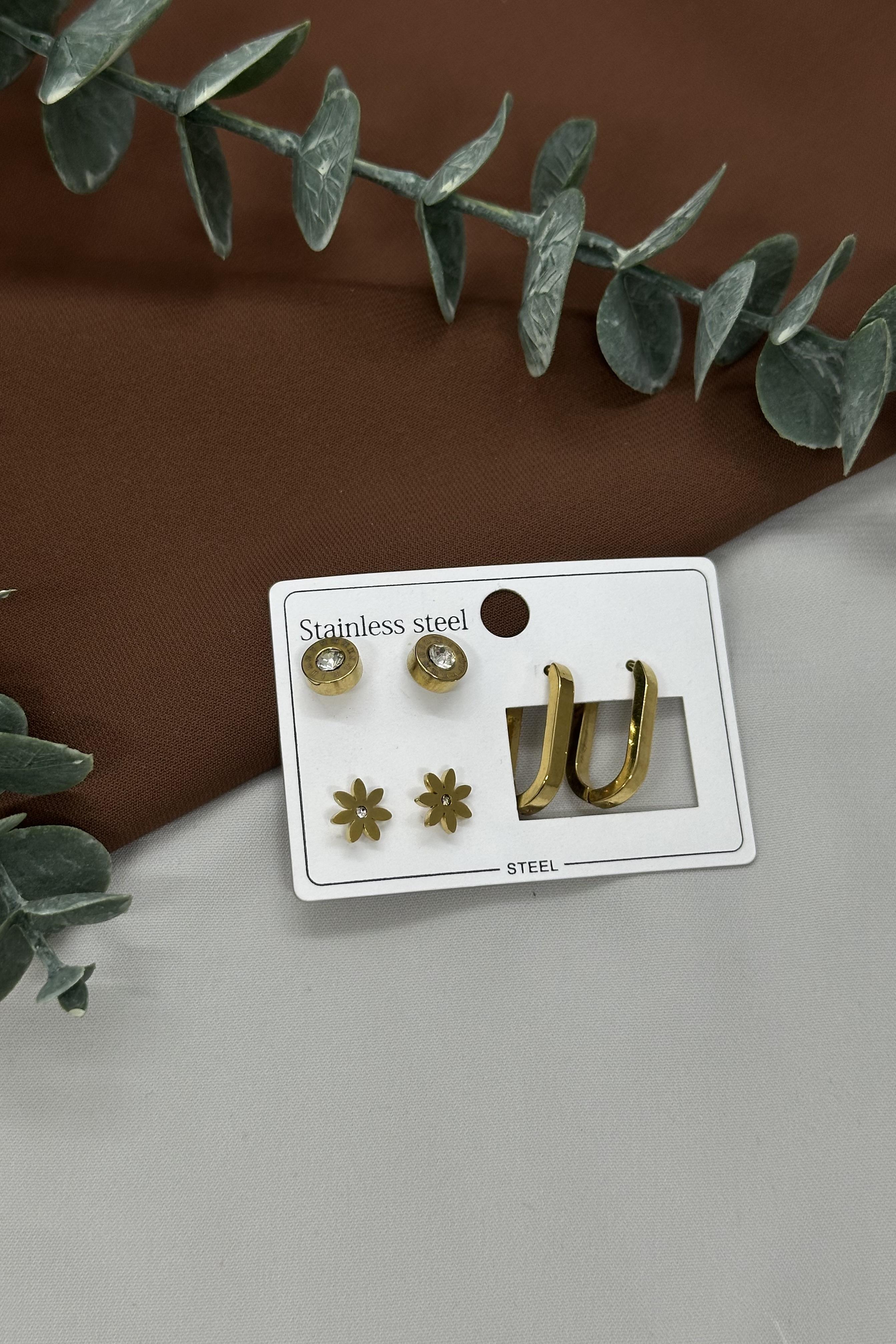 Gold Çoklu Çelik Küpe Set