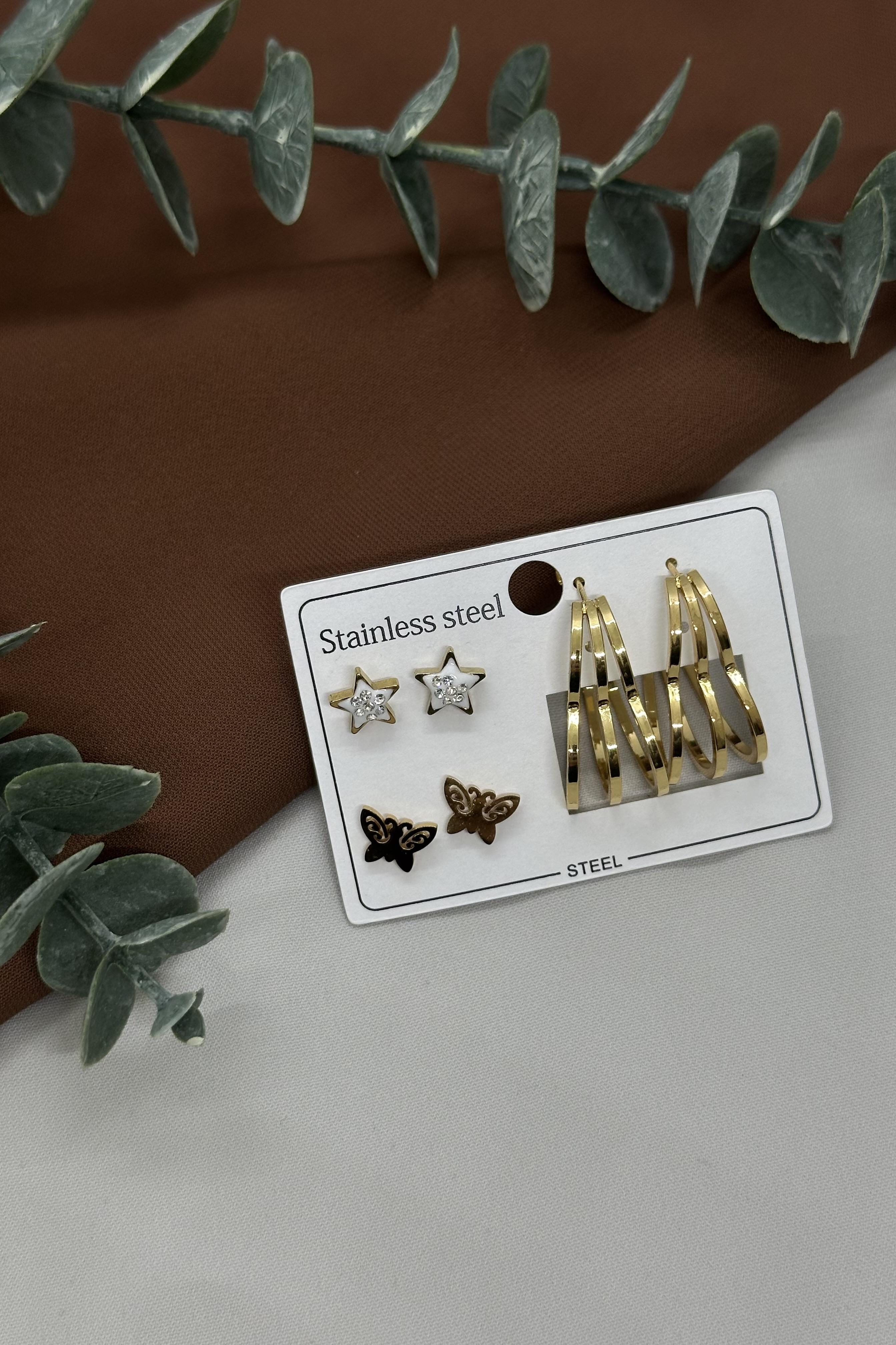 Gold Çoklu Çelik Küpe Set