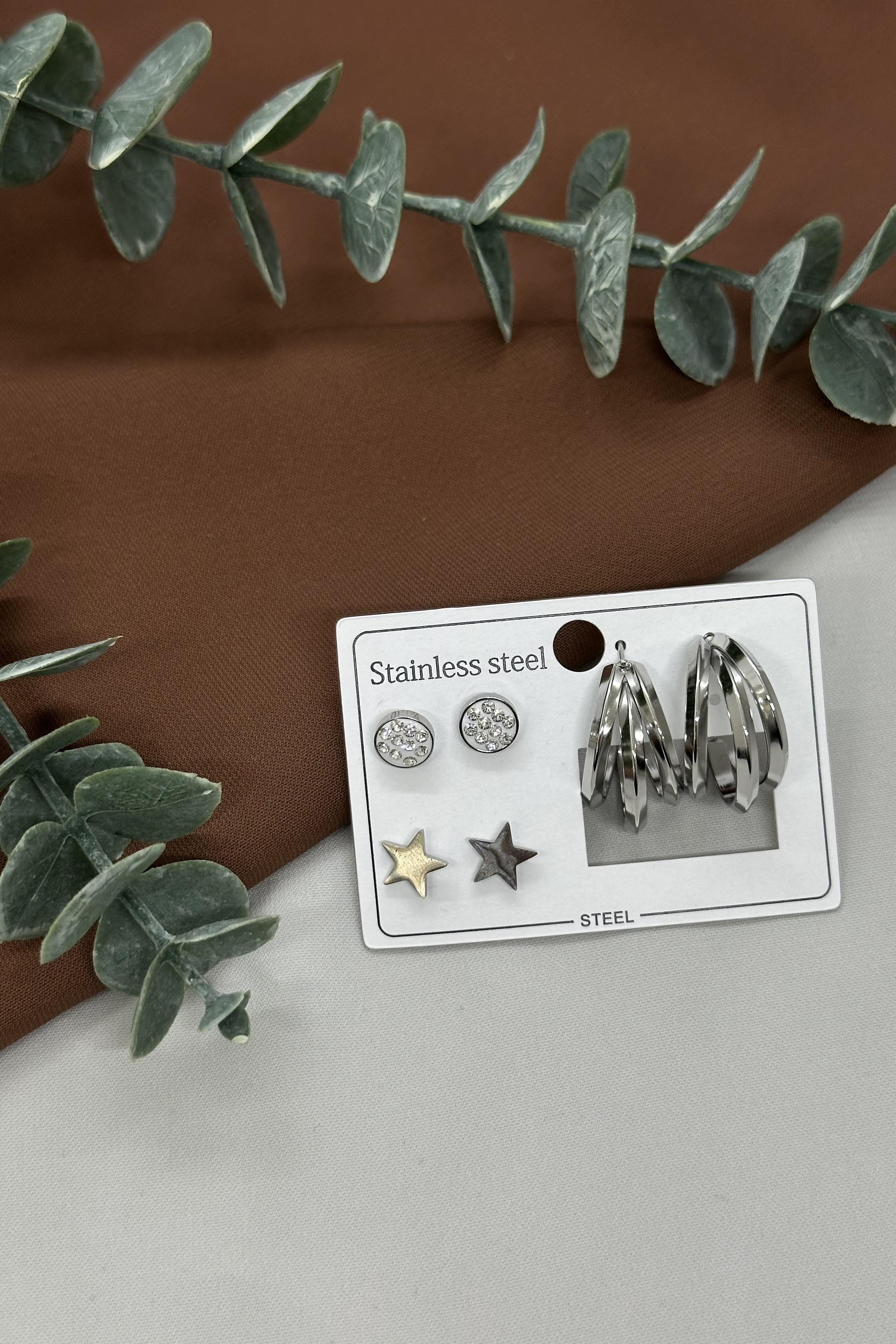 Sılver Çoklu Çelik Küpe Set