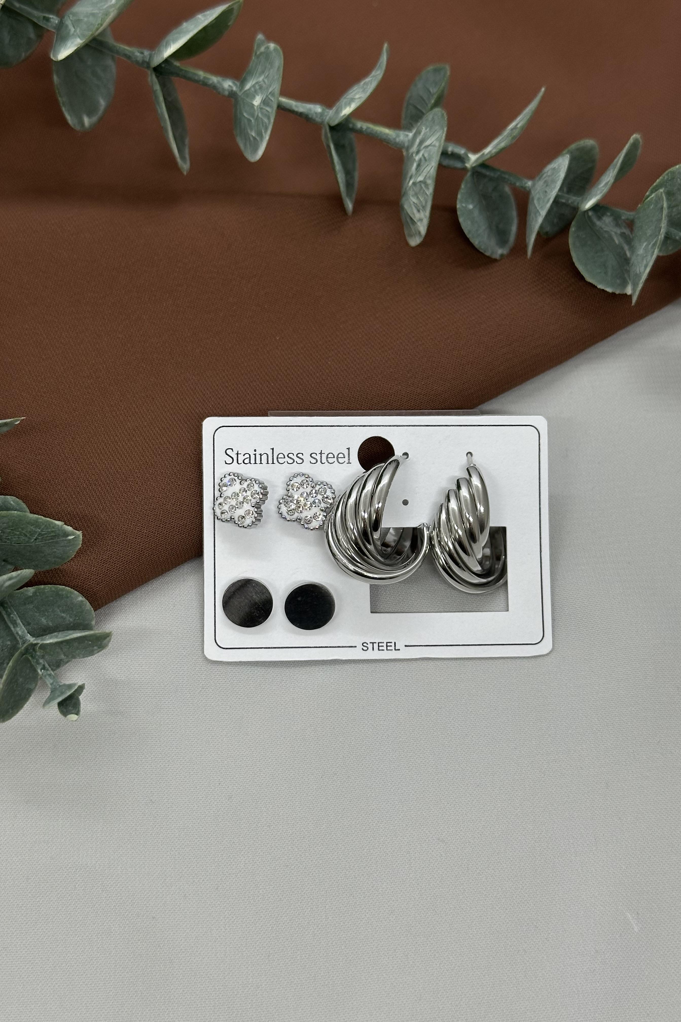 Sılver Çoklu Çelik Küpe Set