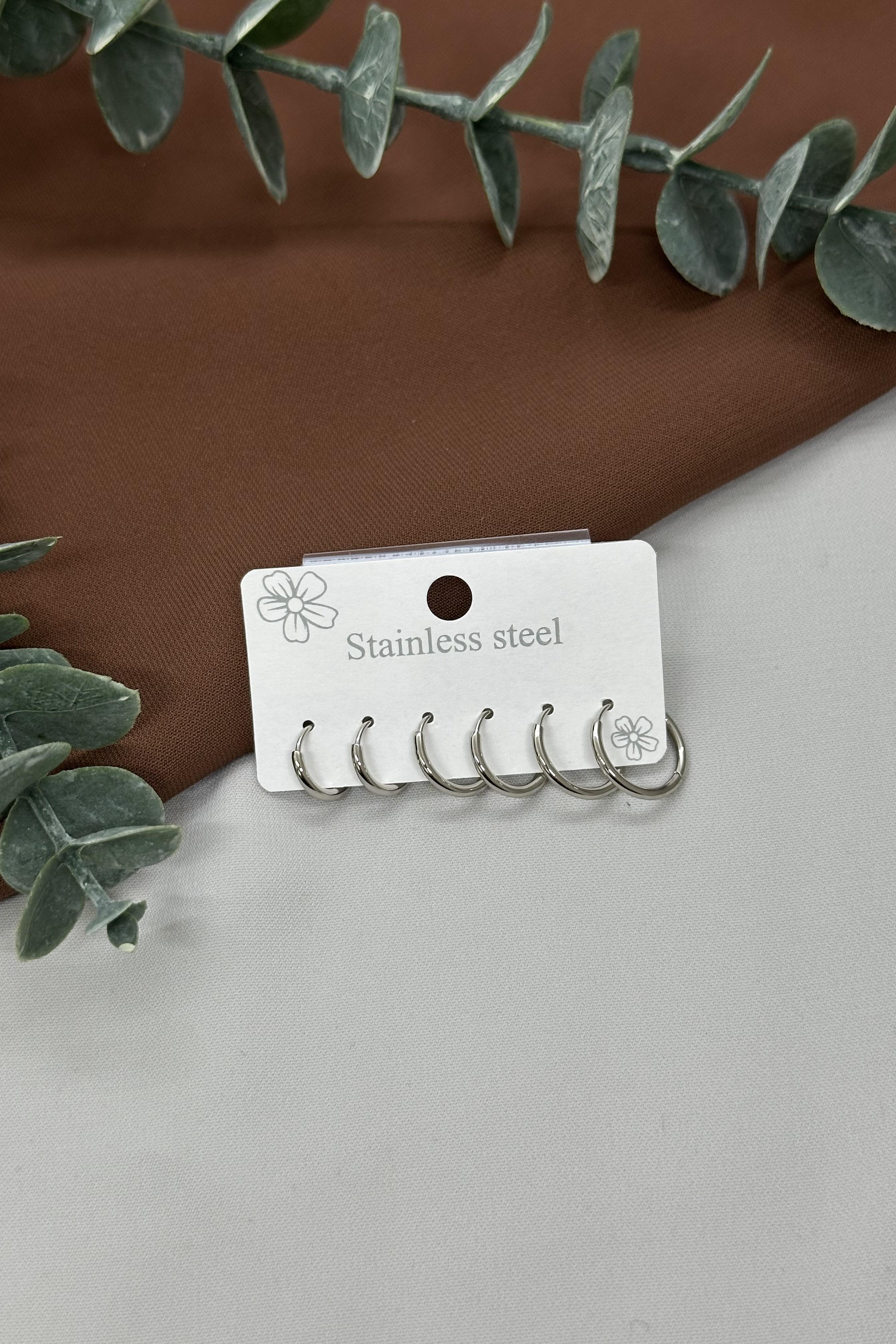 Sılver Çoklu Halka Çelik Küpe Set