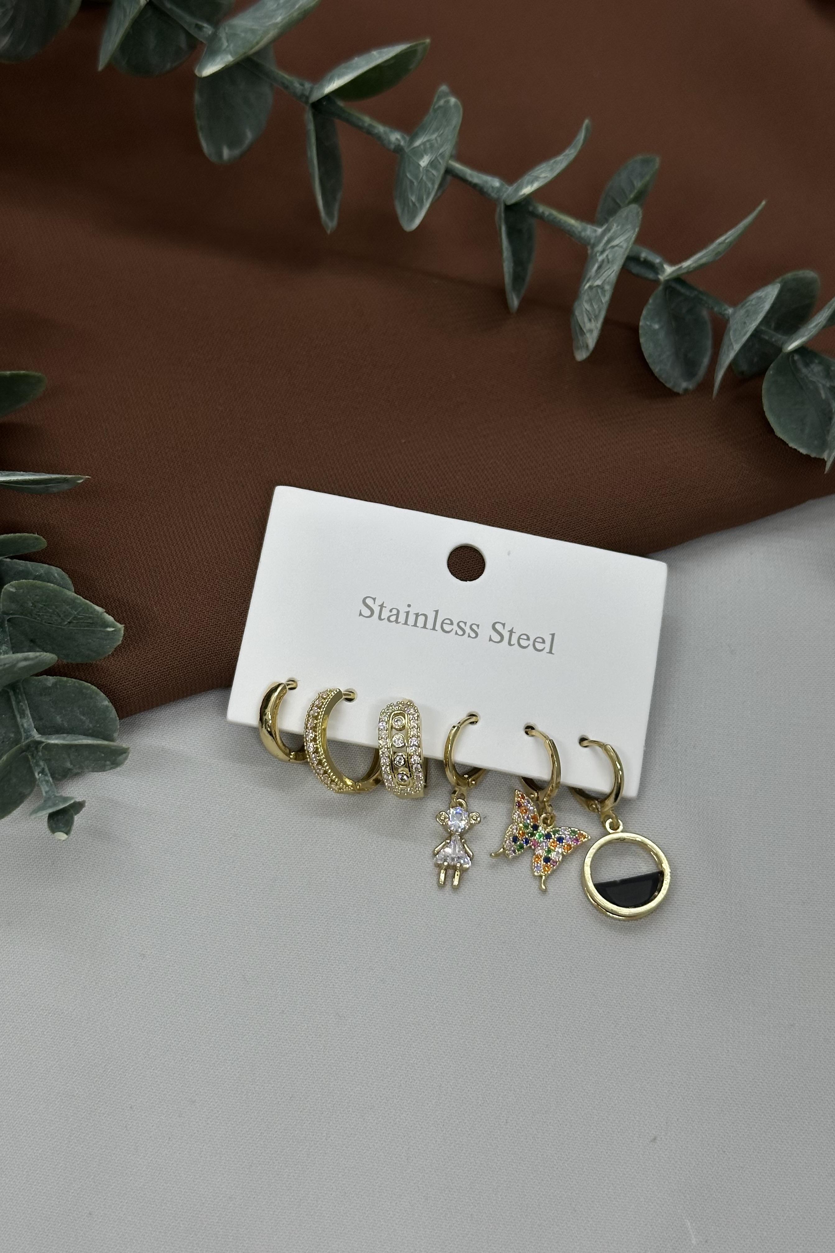 Gold Çoklu Çelik Küpe Set