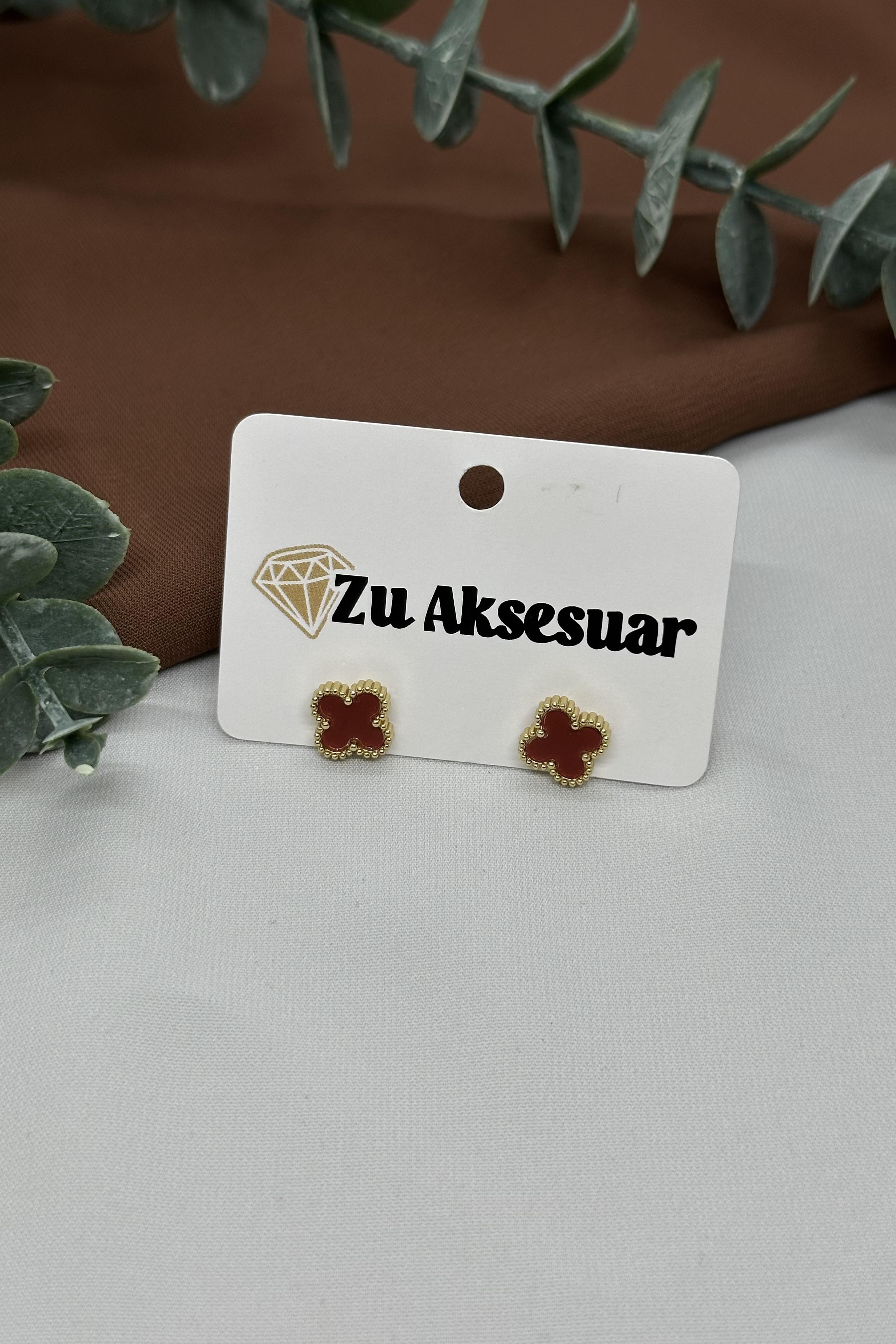 Bordo Gold Çelik Yonca Küpe