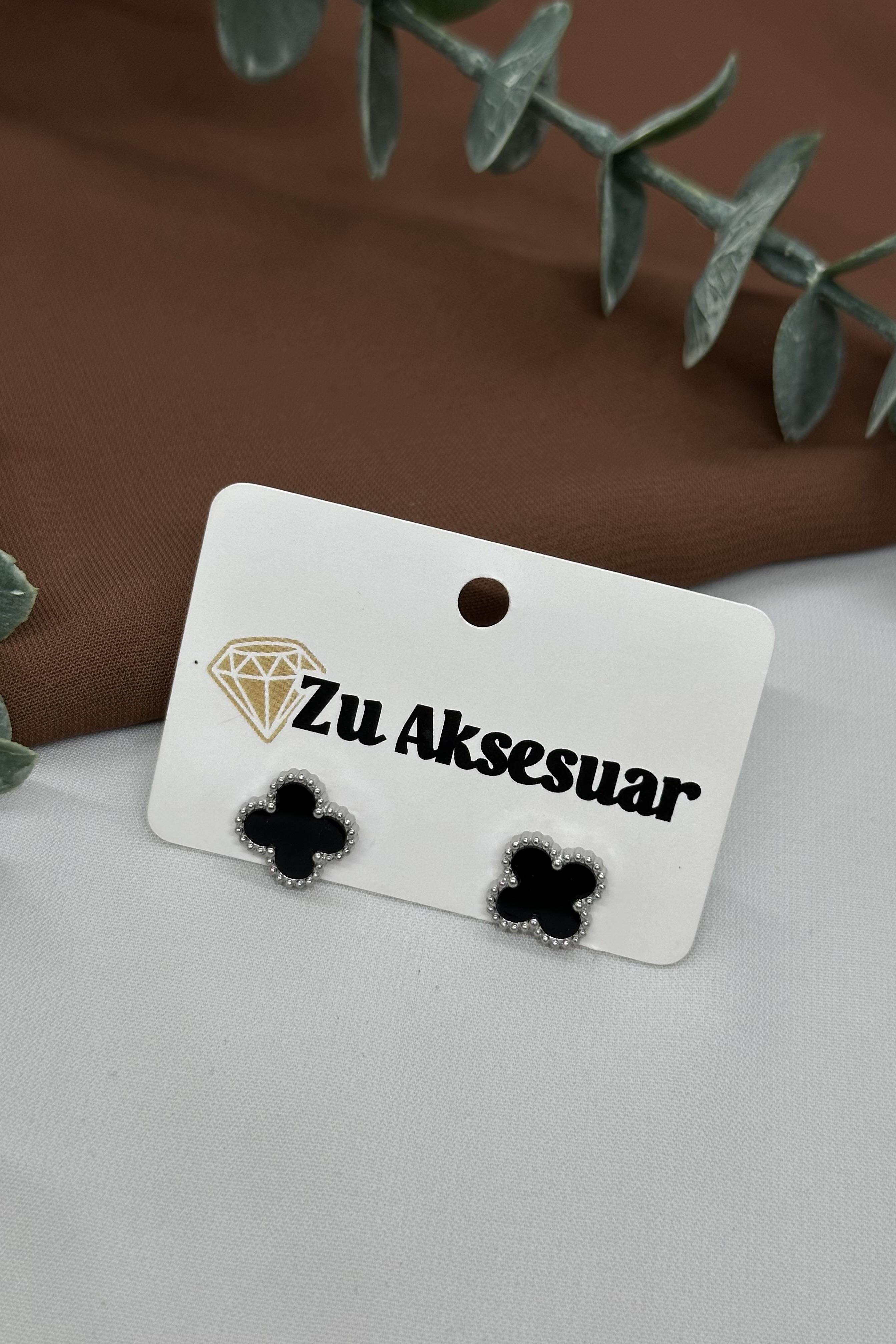 Siyah Sılver Çelik Yonca Küpe