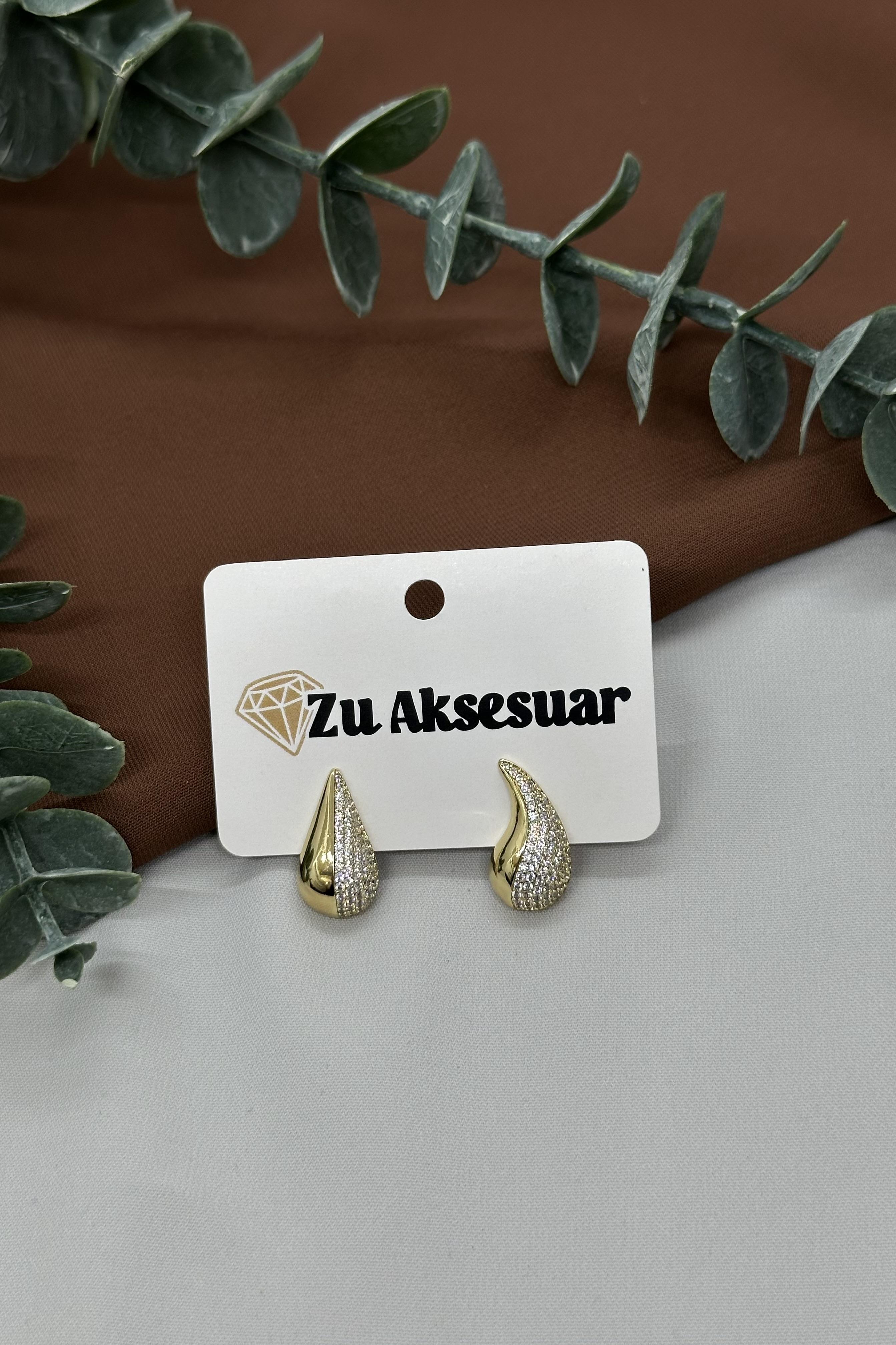 Taşlı Damla Model Gold Vıp Küpe