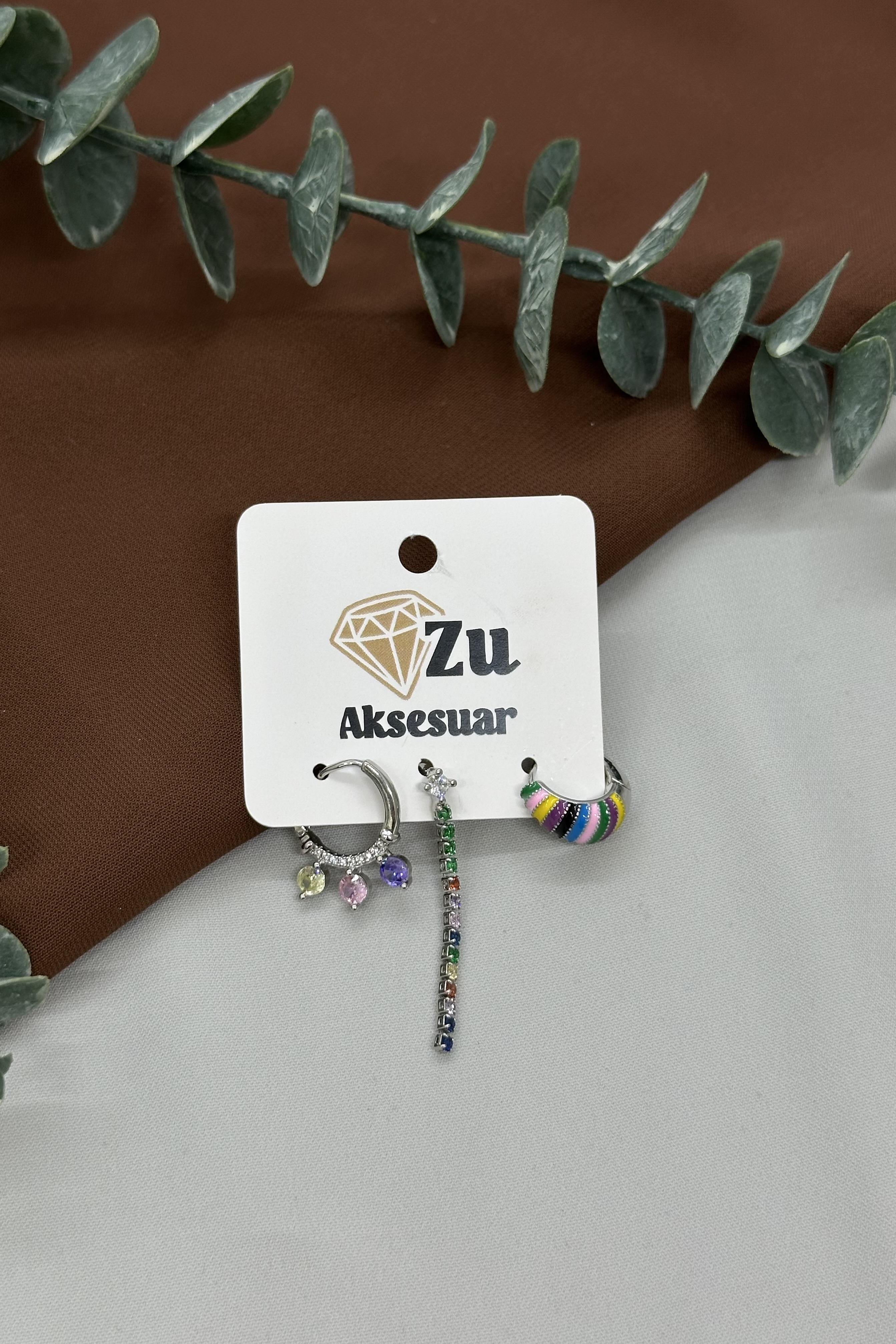 Üçlü Renkli Sılver Vıp Küpe Set