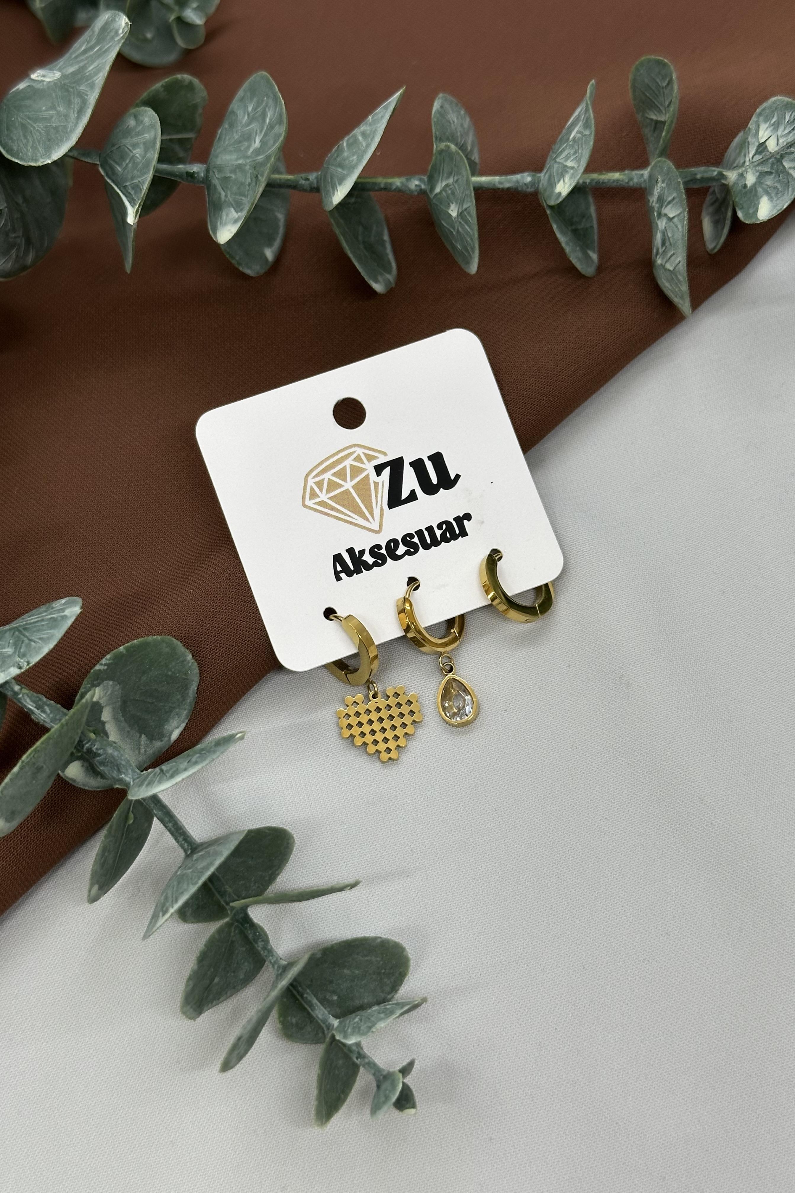 Kalpli Gold Çelik Üçlü Küpe Set