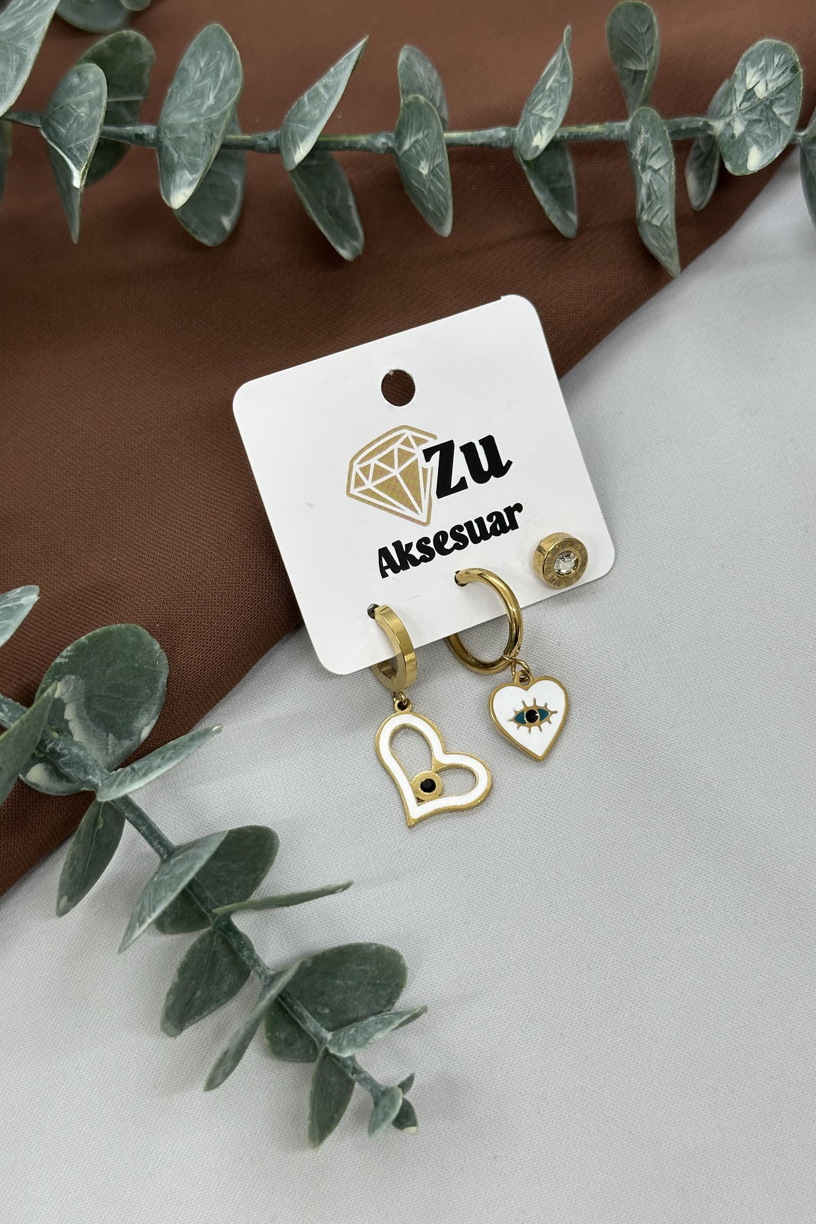 Kalpli Gold Üçlü Çelik Küpe Set