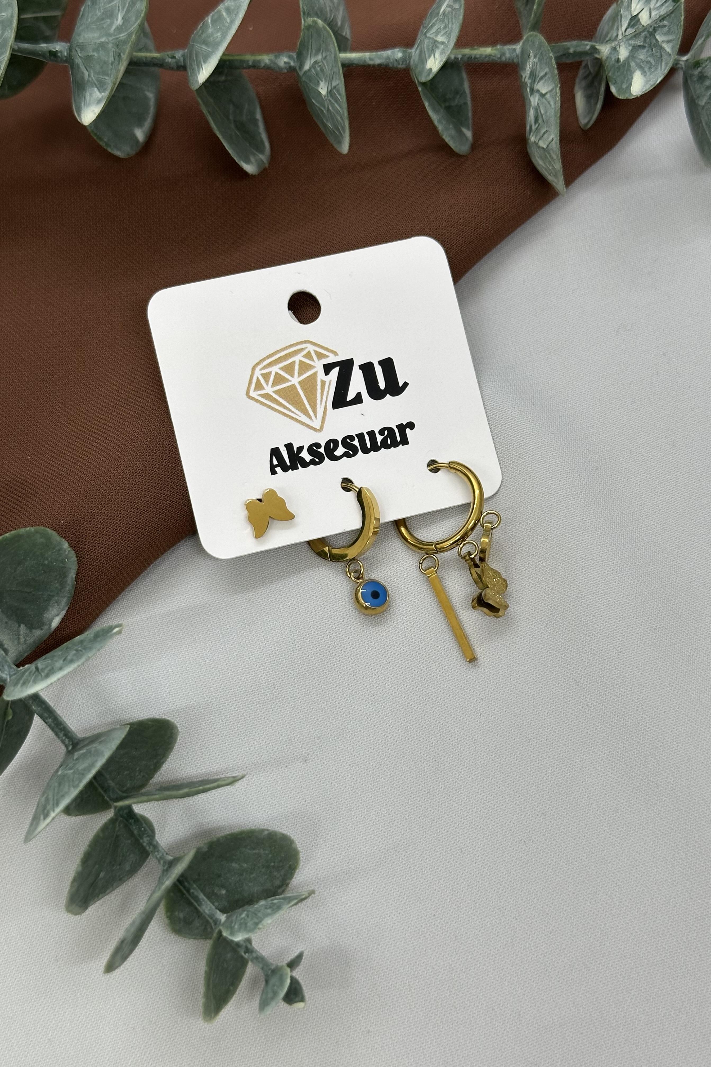 Üçlü Gold Çelik Küpe Set