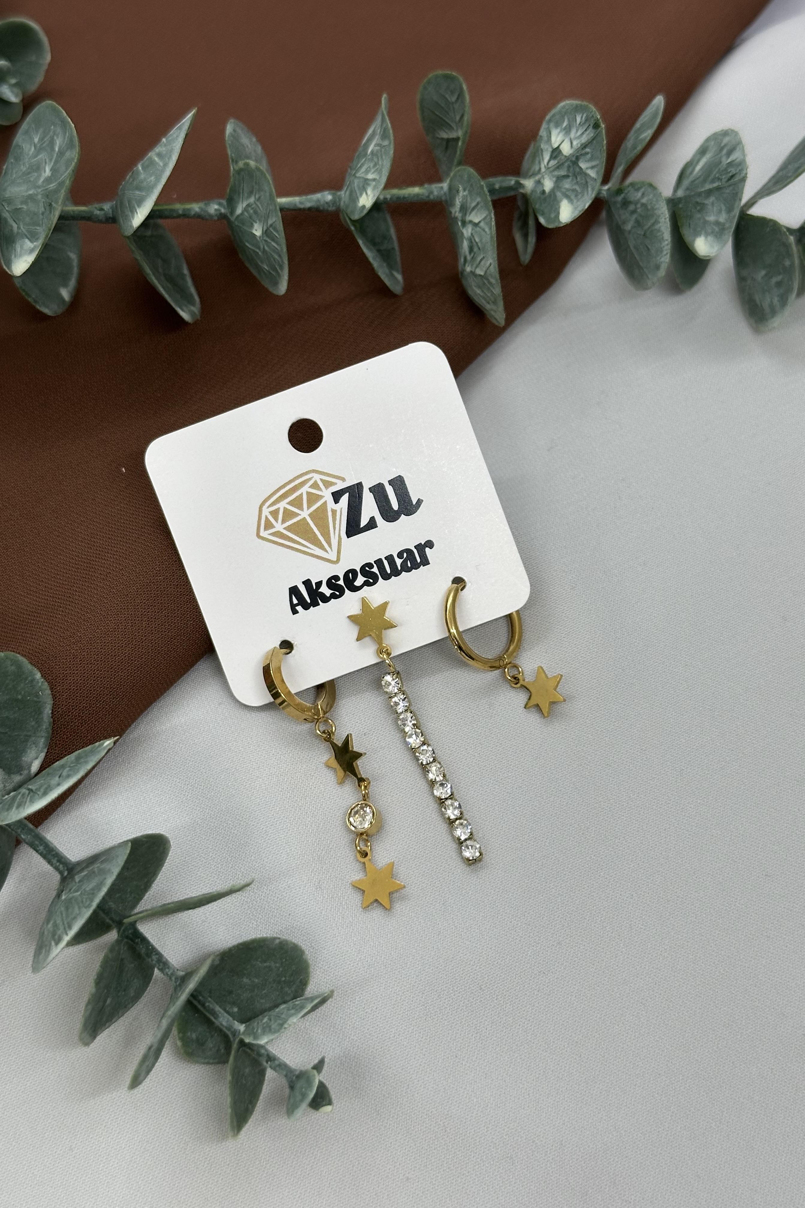 Gold Üçlü Çelik Küpe Set