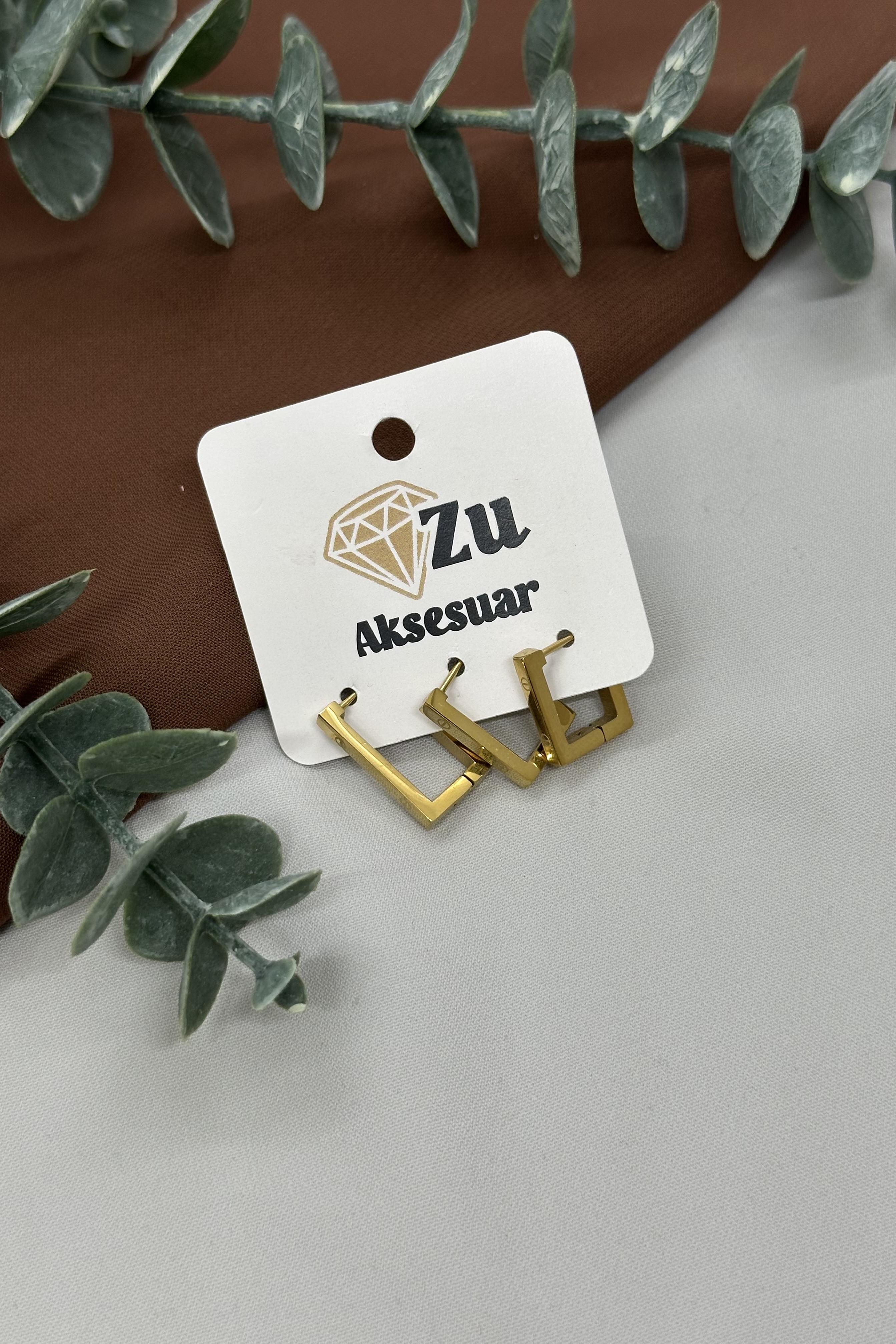 Gold Uzun Halka Set Çelik Küpe