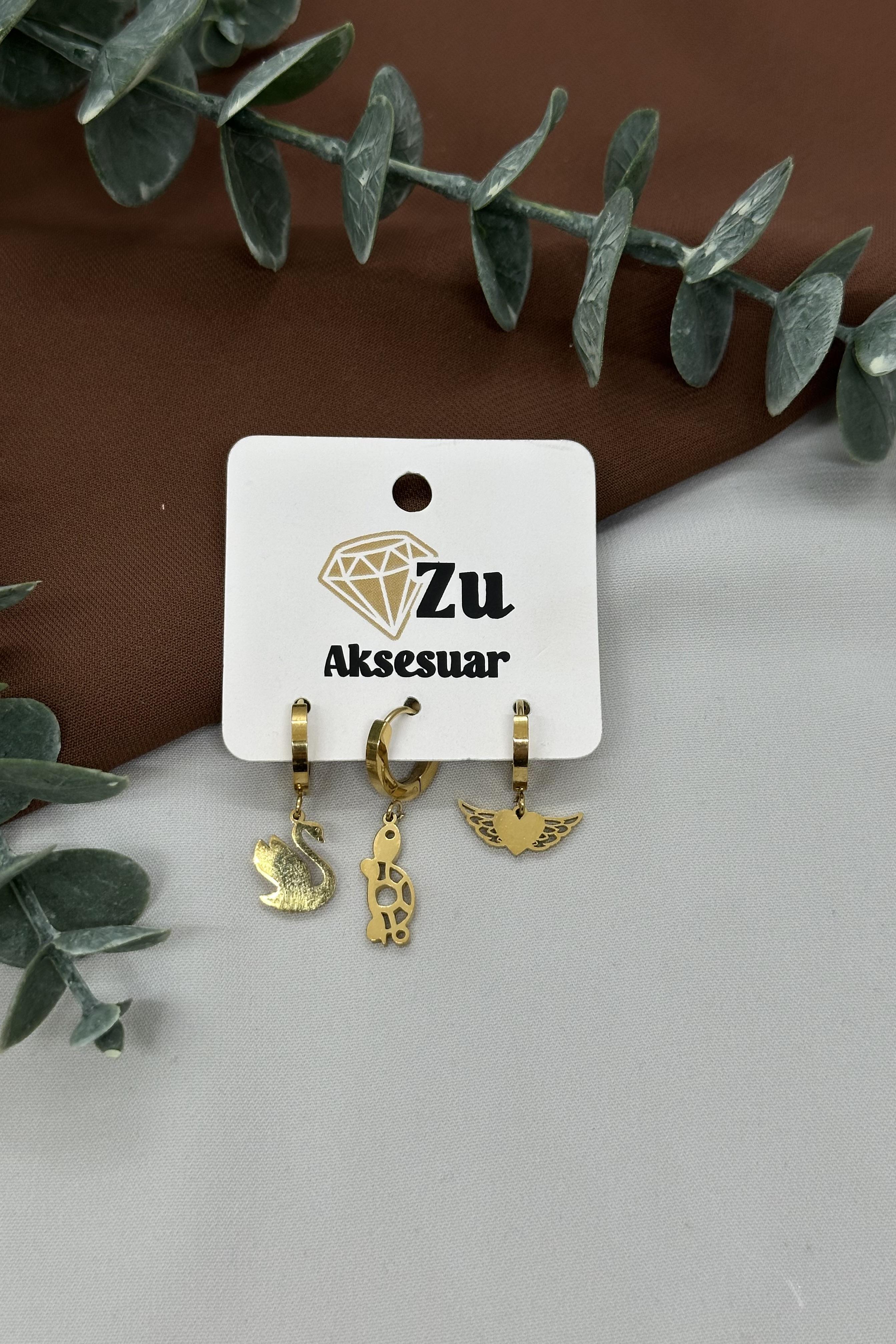 Gold Üçlü Çelik Küpe Set