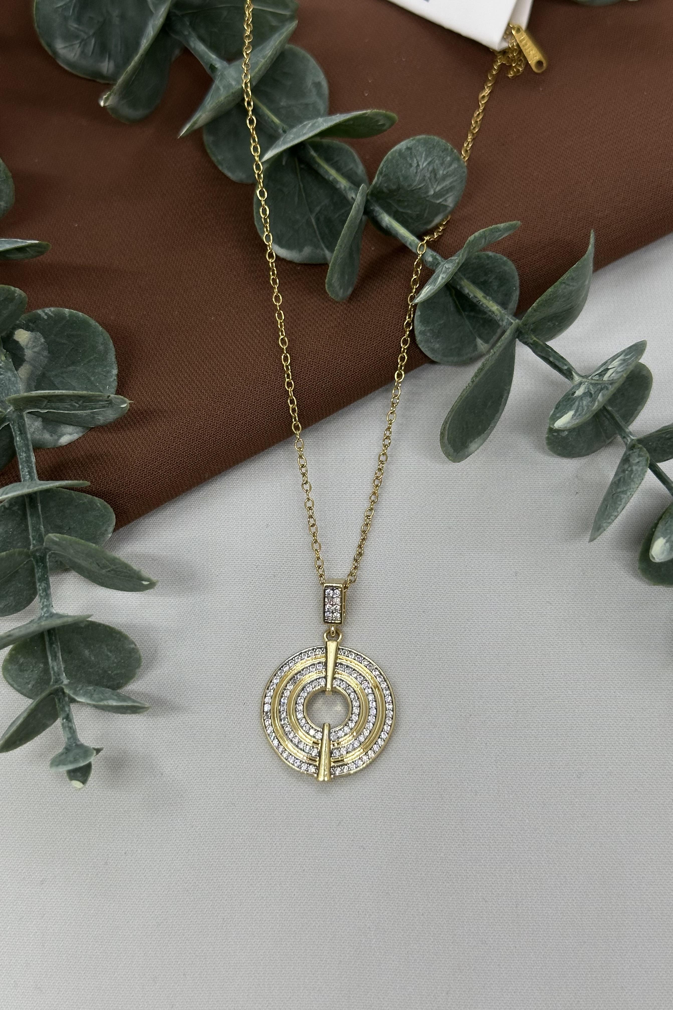 Gold Halka Taşlı Çelik Kolye