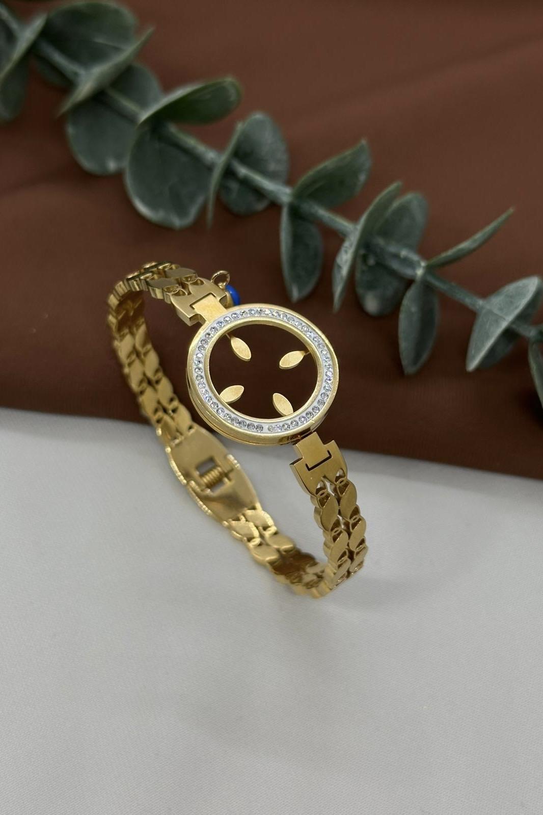 Çeyrek Takılabilen Gold Çelik Kelepçe Bileklik