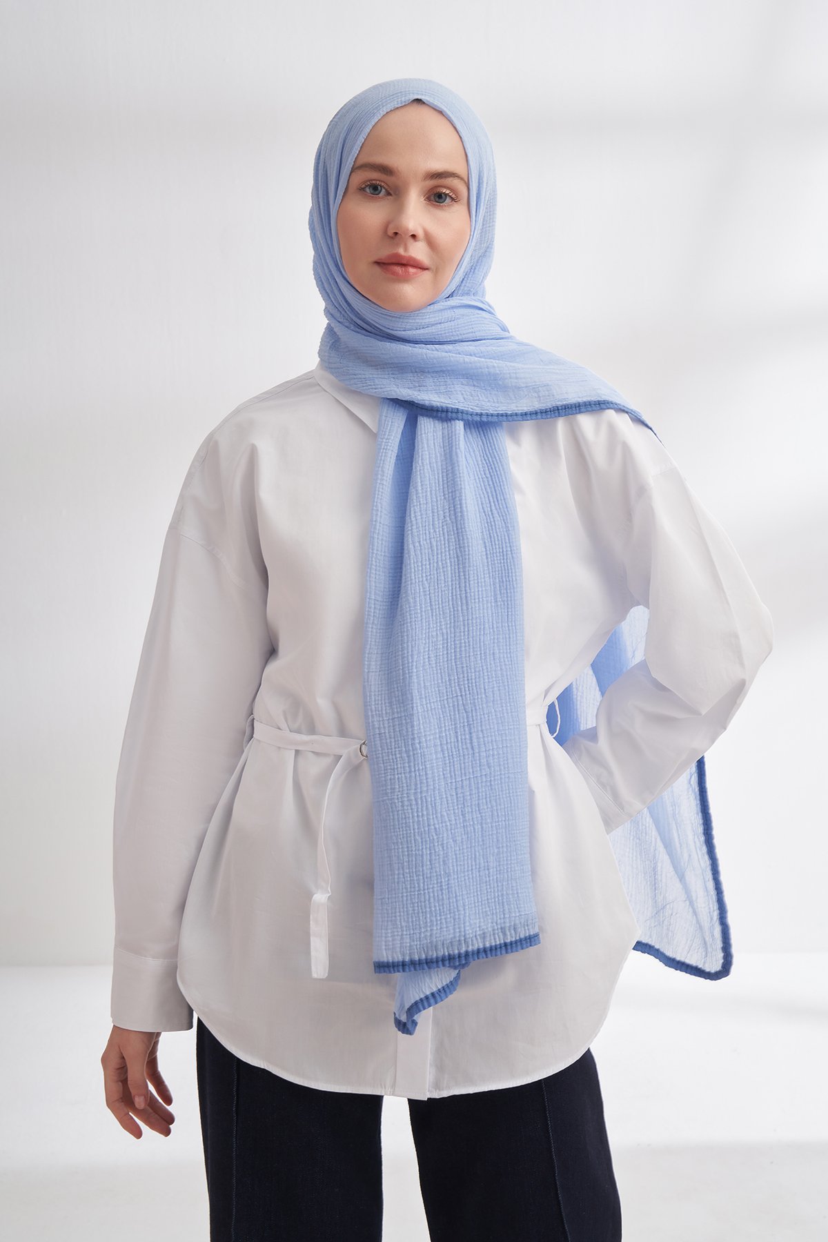 MÜSLİN BİYELİ ŞAL - BEBE MAVİSİ