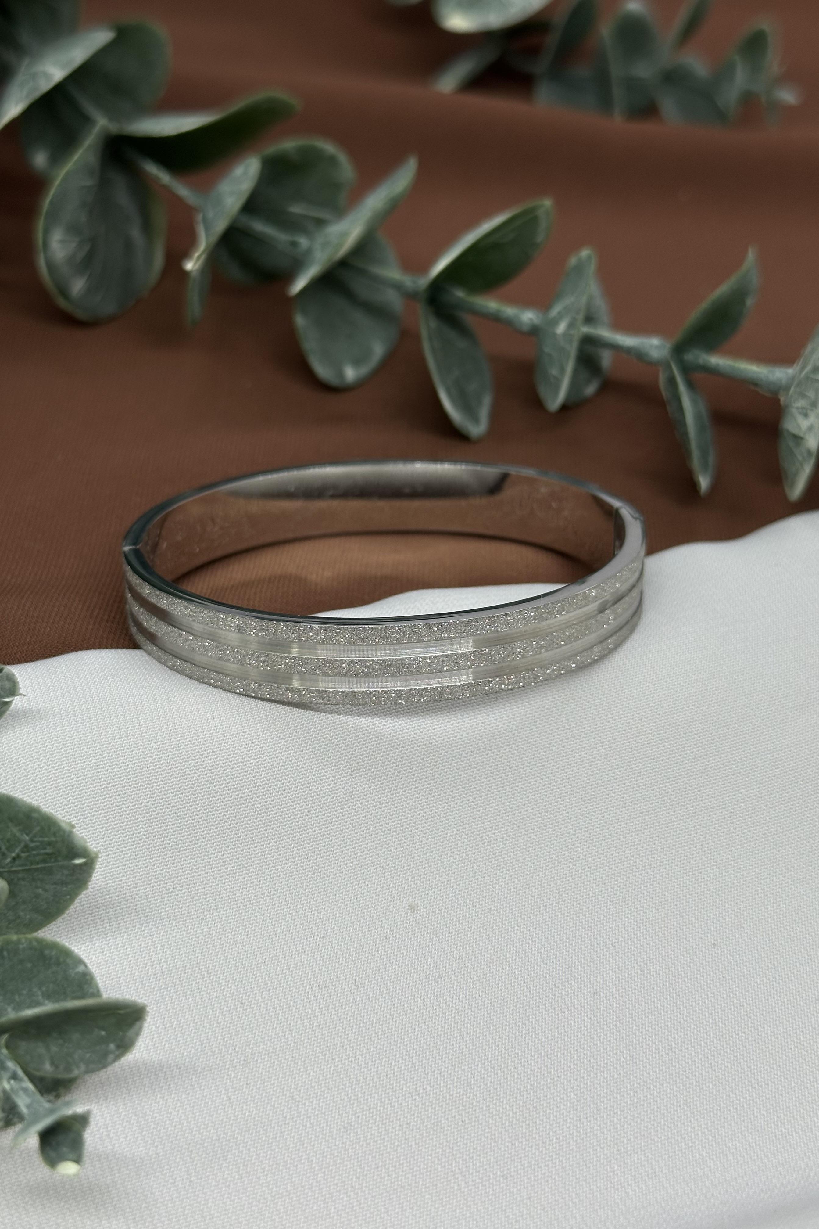 Simli Sılver Çelik Kelepçe Bileklik