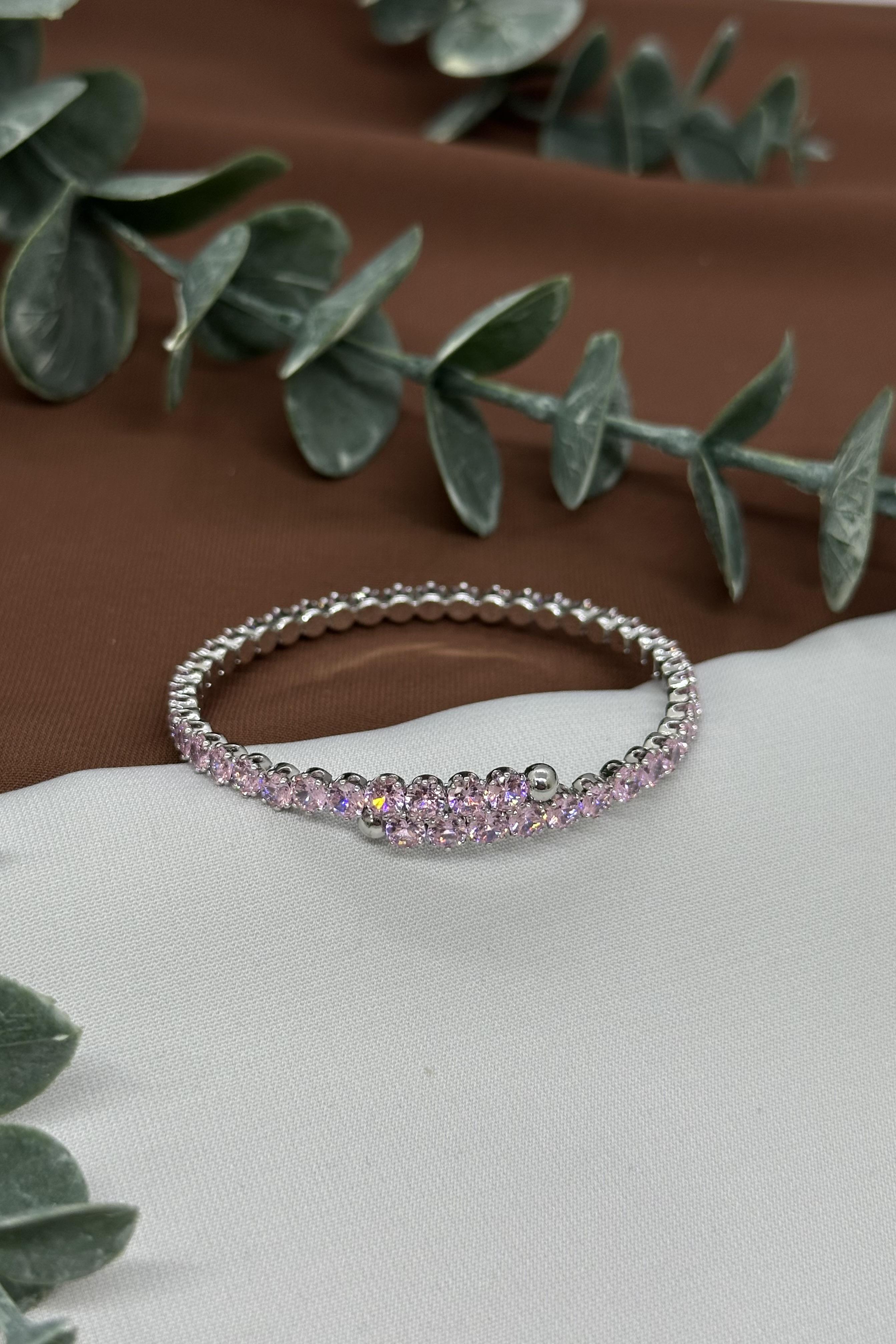 Pembe Taşlı Sılver Çelik Kelepçe Bileklik