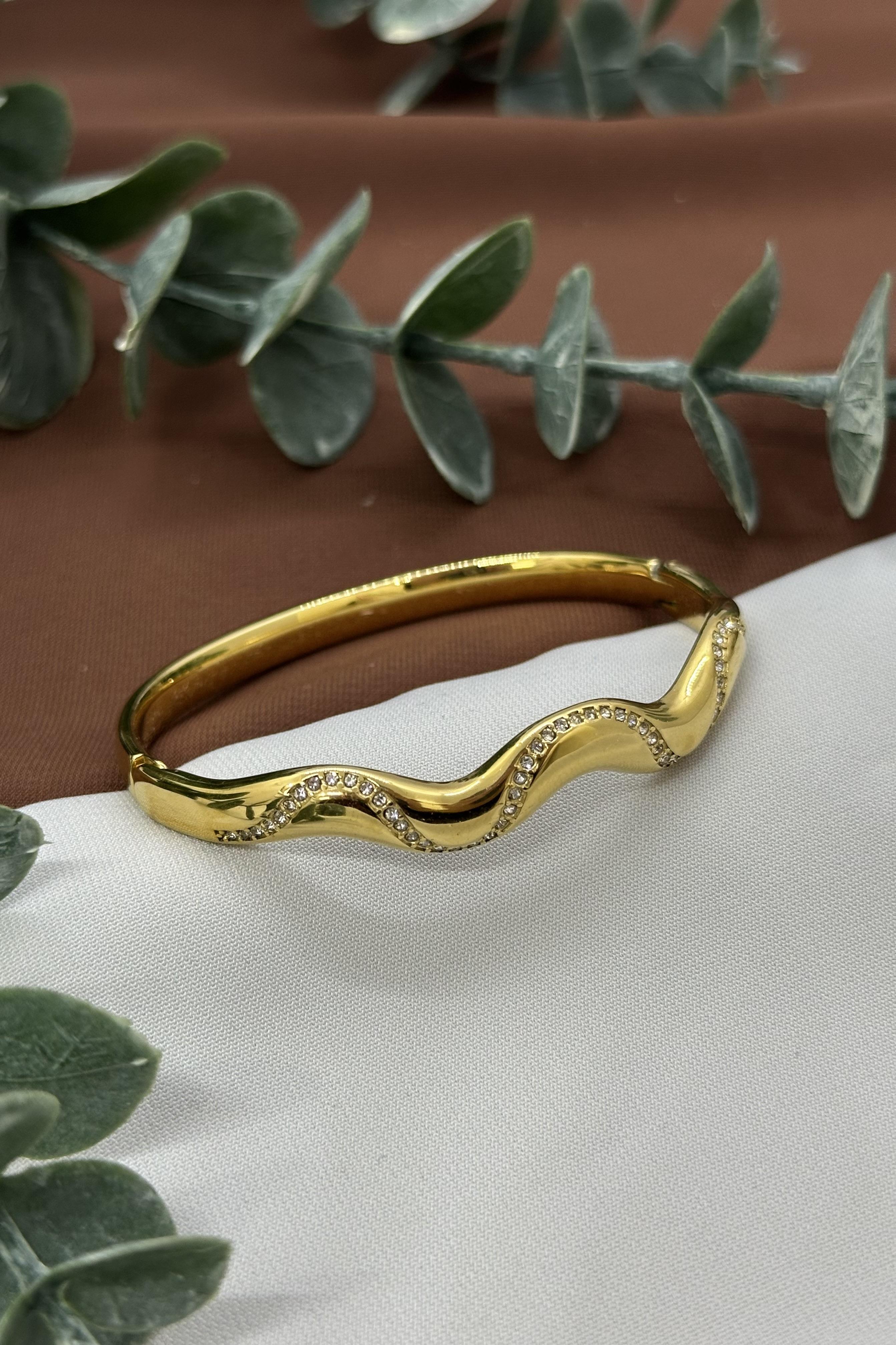 Zikzak Gold Çelik Kelepçe Bileklik