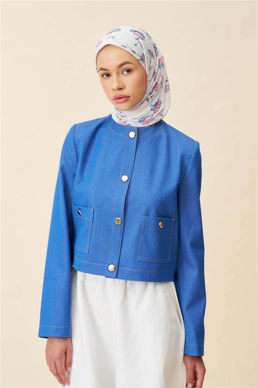 İpekhan Ekru Çiçekli Soft Eşarp