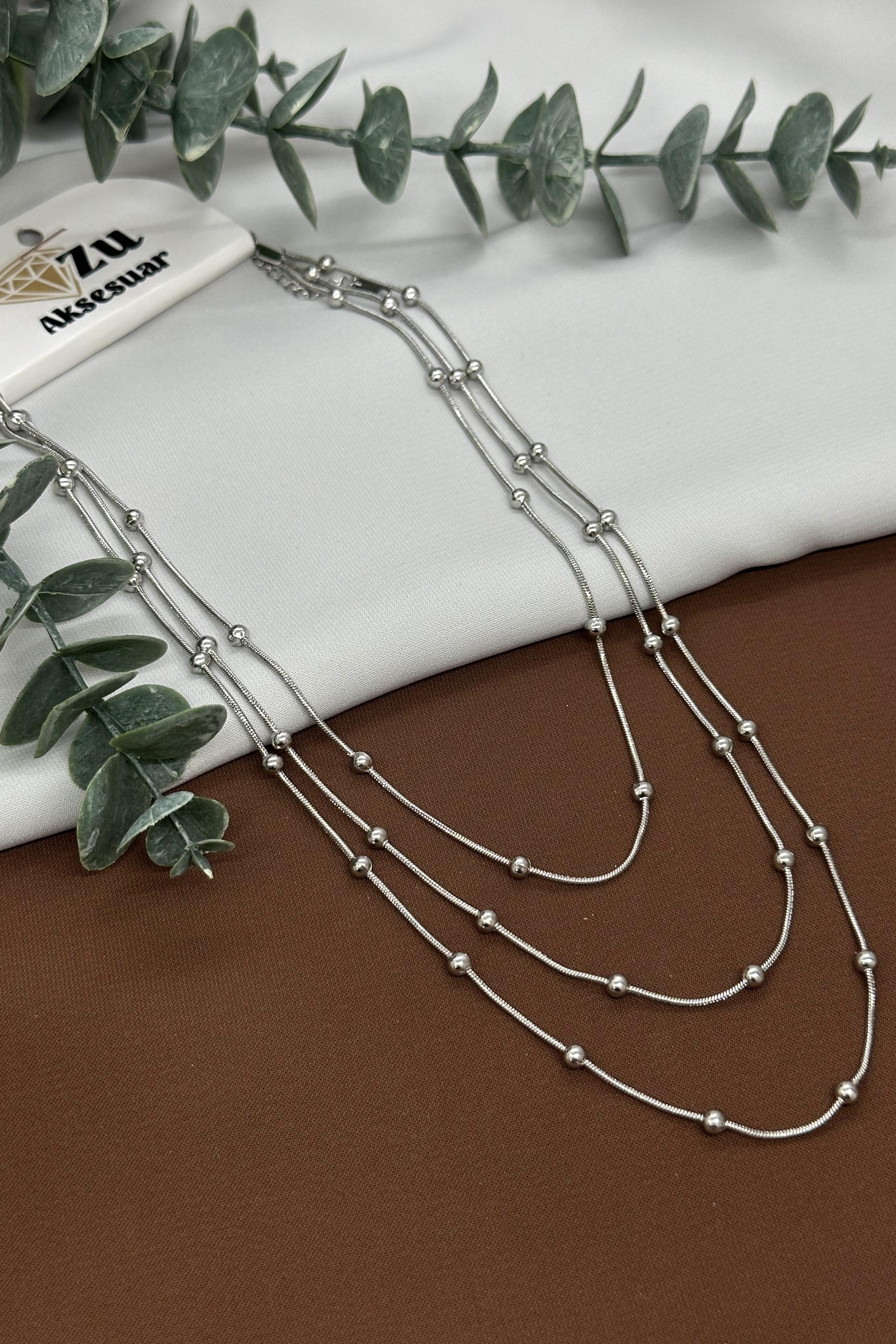 Üçlü Sılver Çelik Kolye