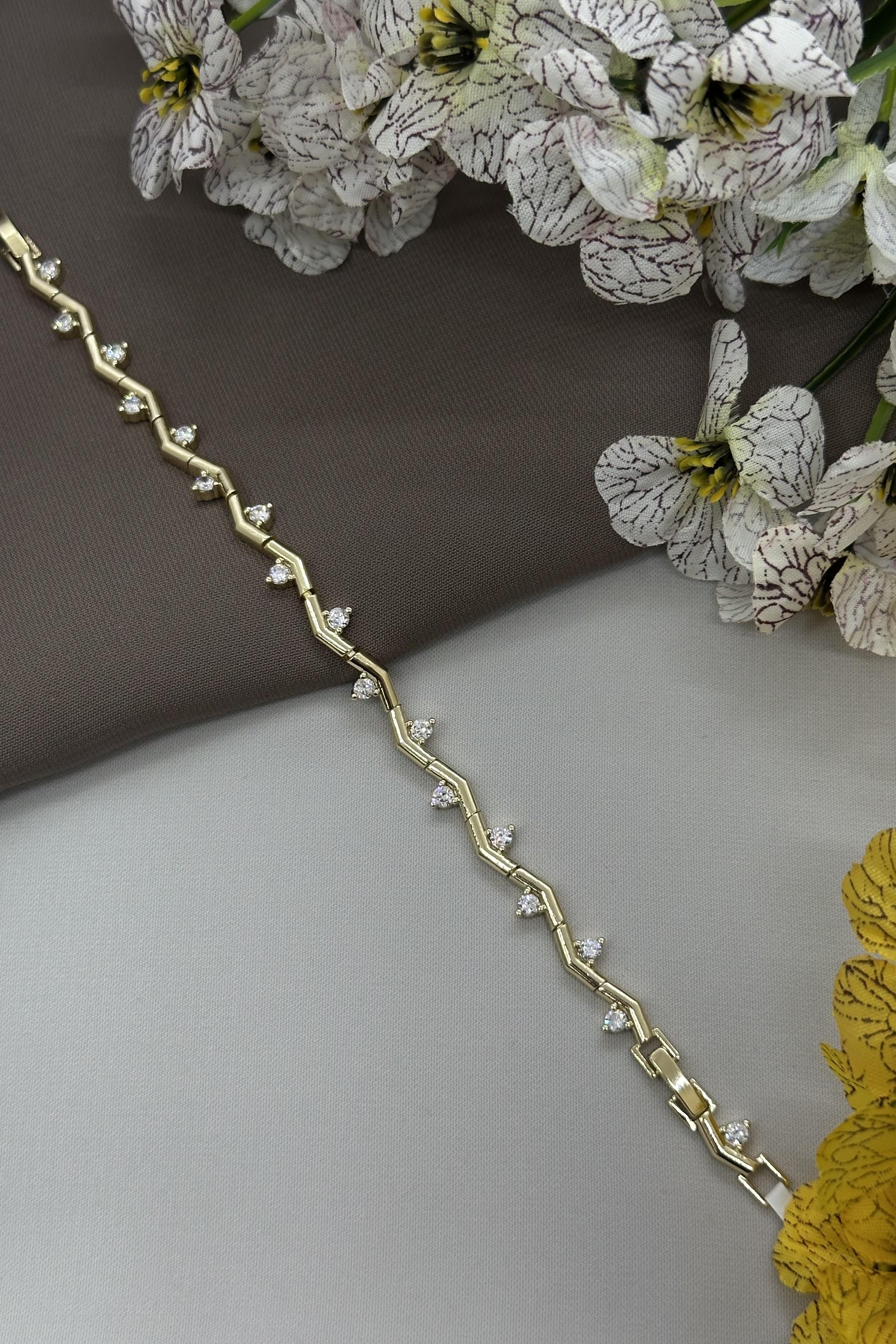 14K Zikzak Taşlı Gold Vıp Bileklik