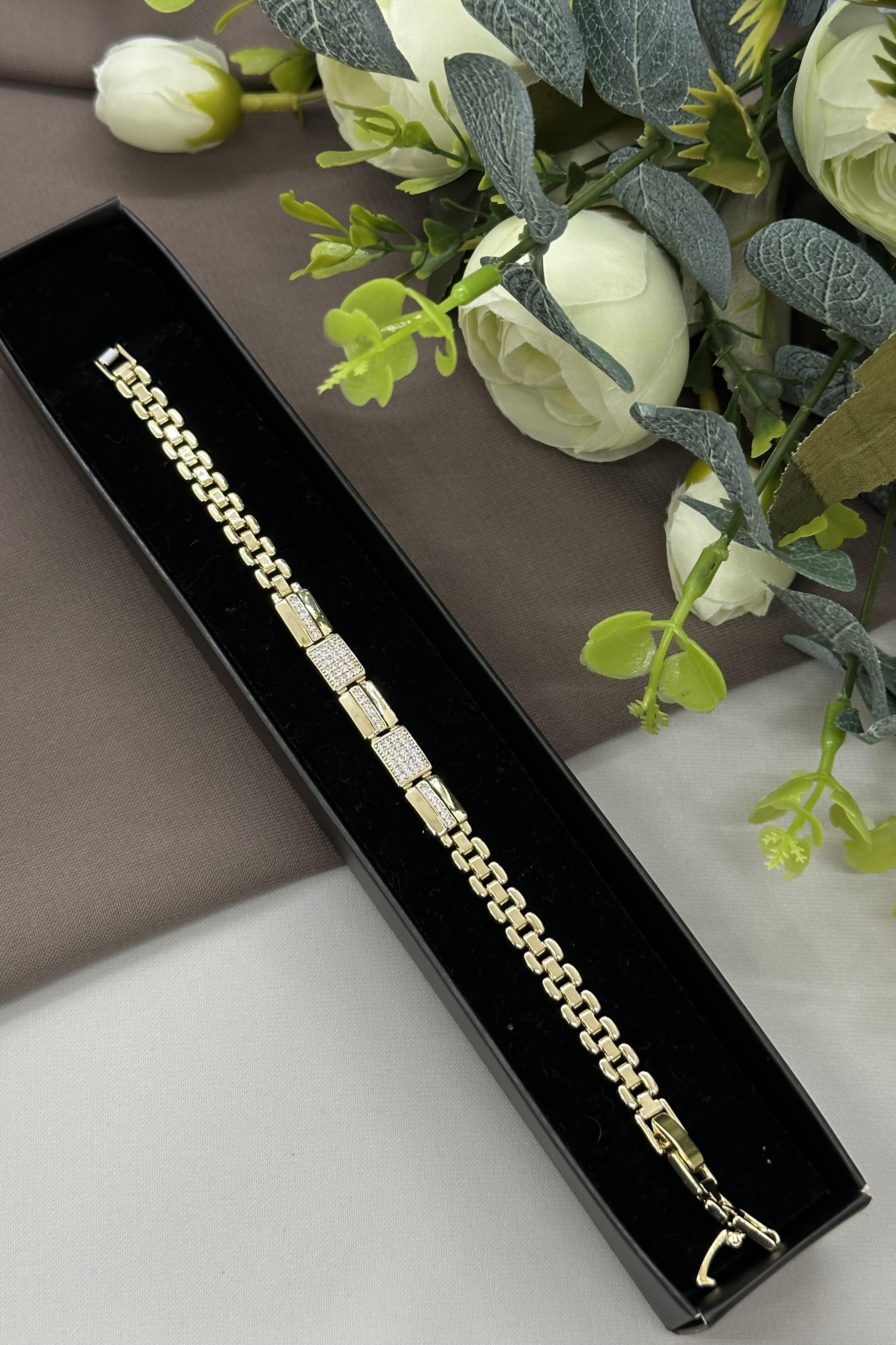 Taşlı Plaka Model Gold Vıp Bileklik