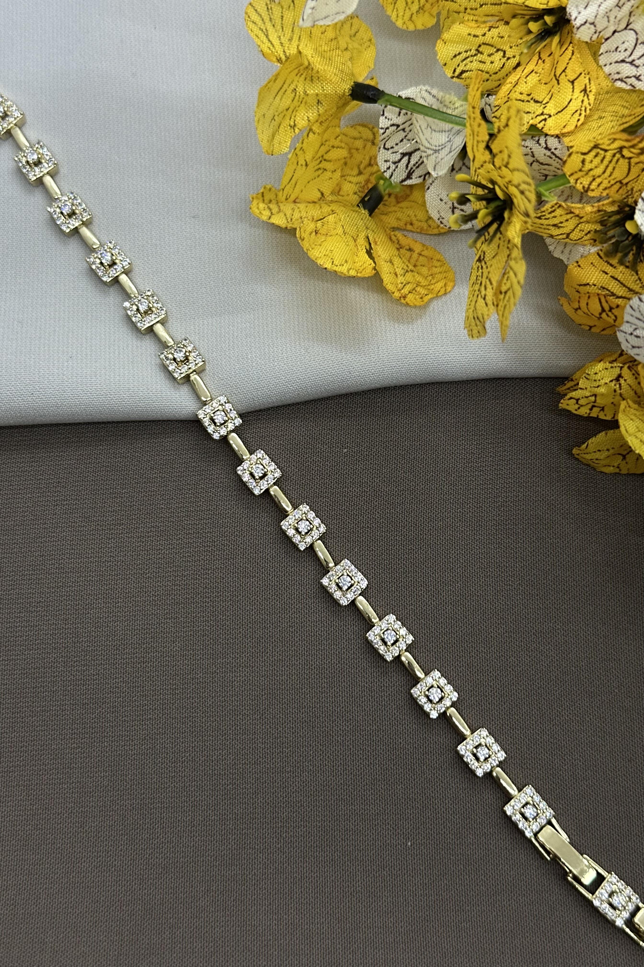 14K Kare Taşlı Gold Vıp Bileklik