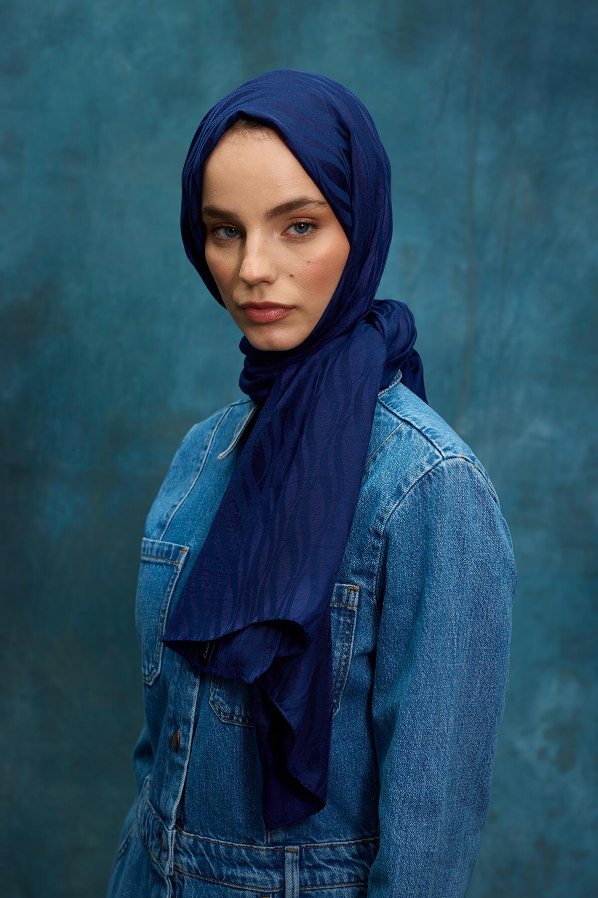 İtalyan Jakar Şal Dalga Desen - Gece Mavisi