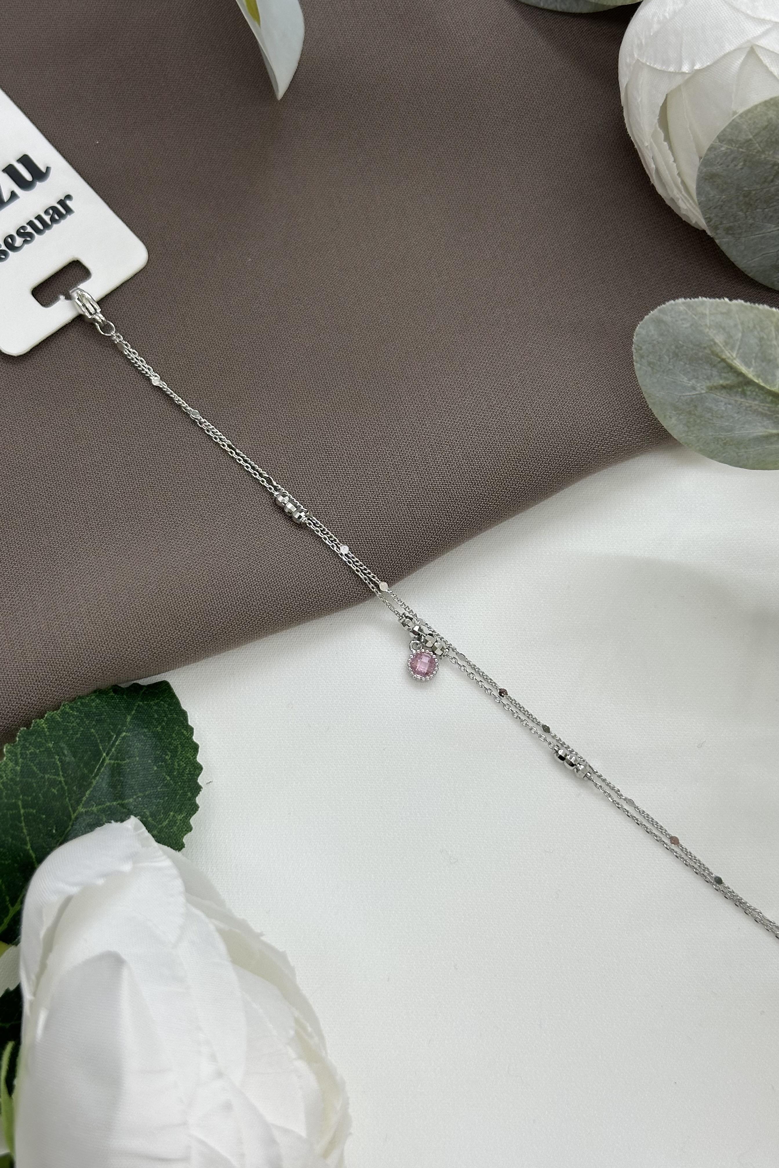 Pembe Taşlı Sılver Vıp Bileklik