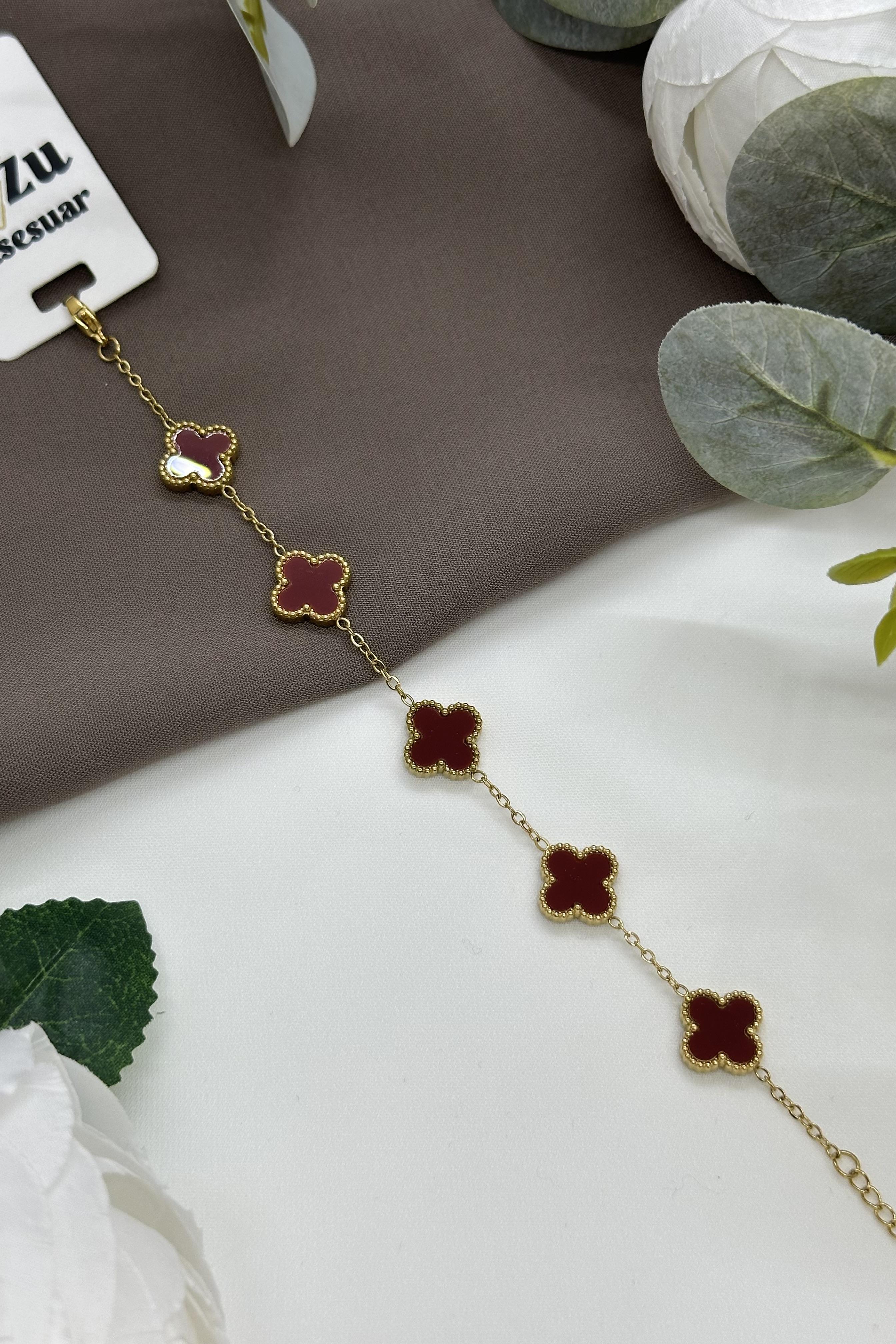Bordo Yonca Model Gold Çelik Bileklik