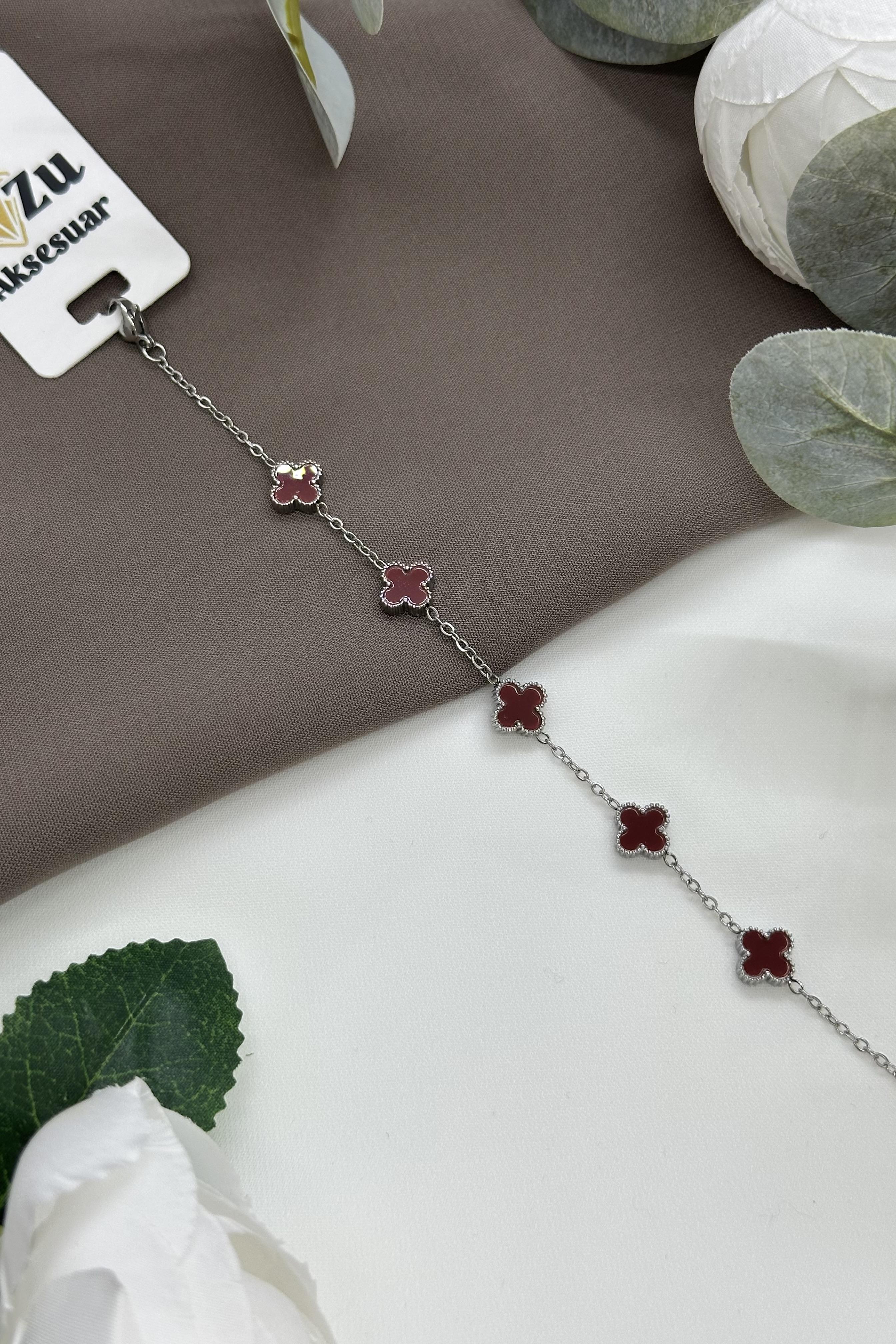 Bordo Yonca Model Sılver Çelik Bileklik