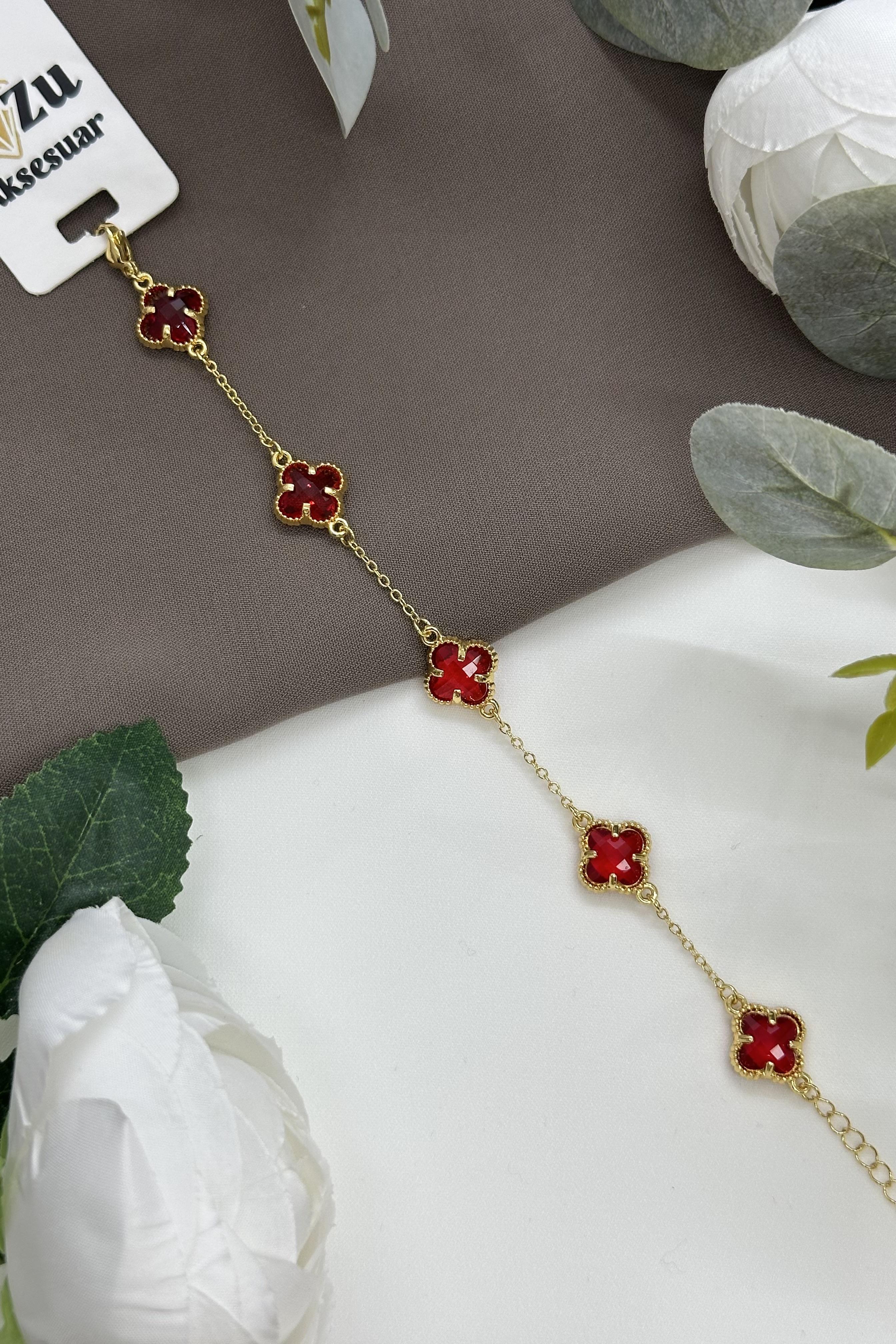 Kırmızı Taşlı Gold Çelik Bileklik