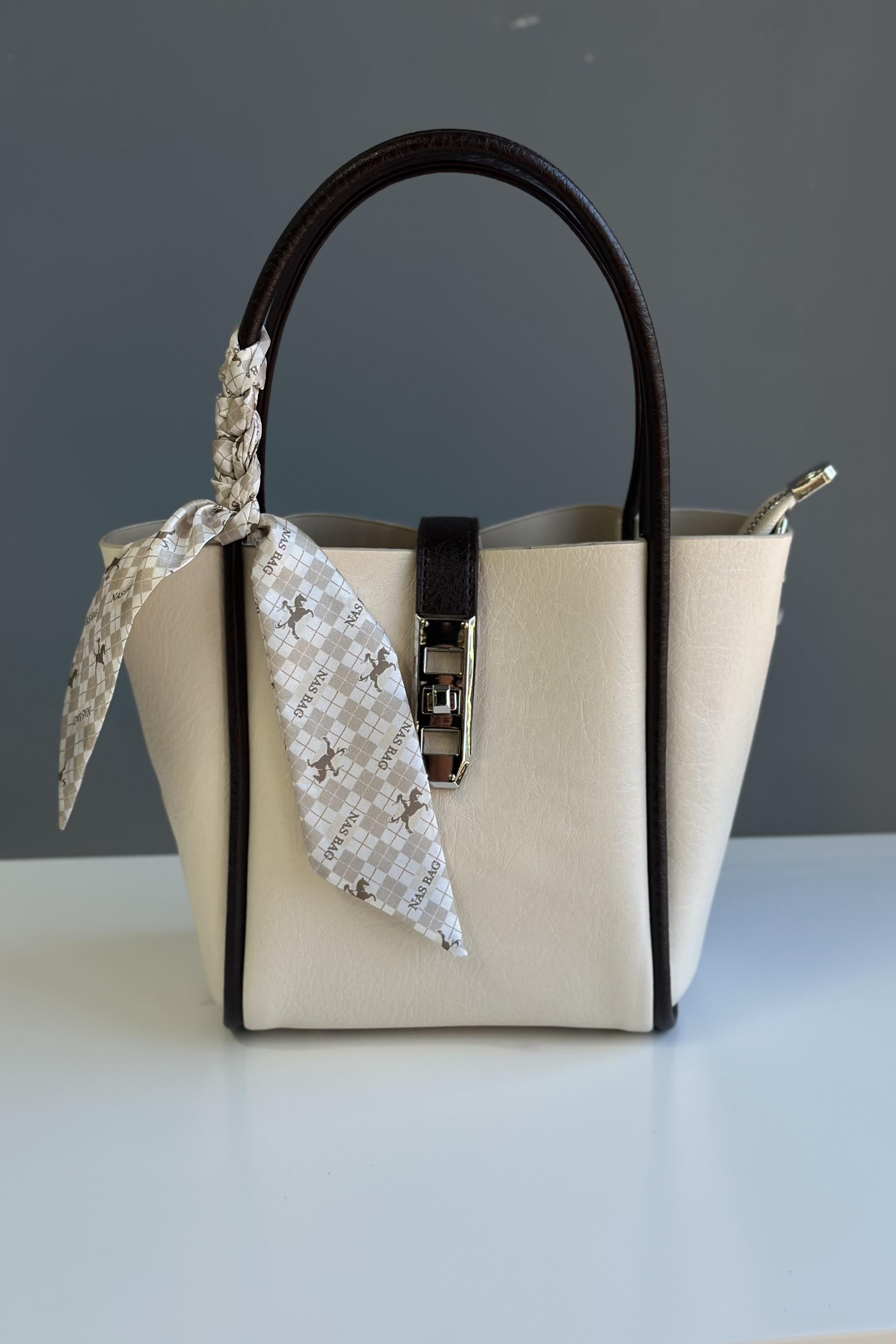 A++ Kalite Acıkahve-Krem Fularlı Çanta