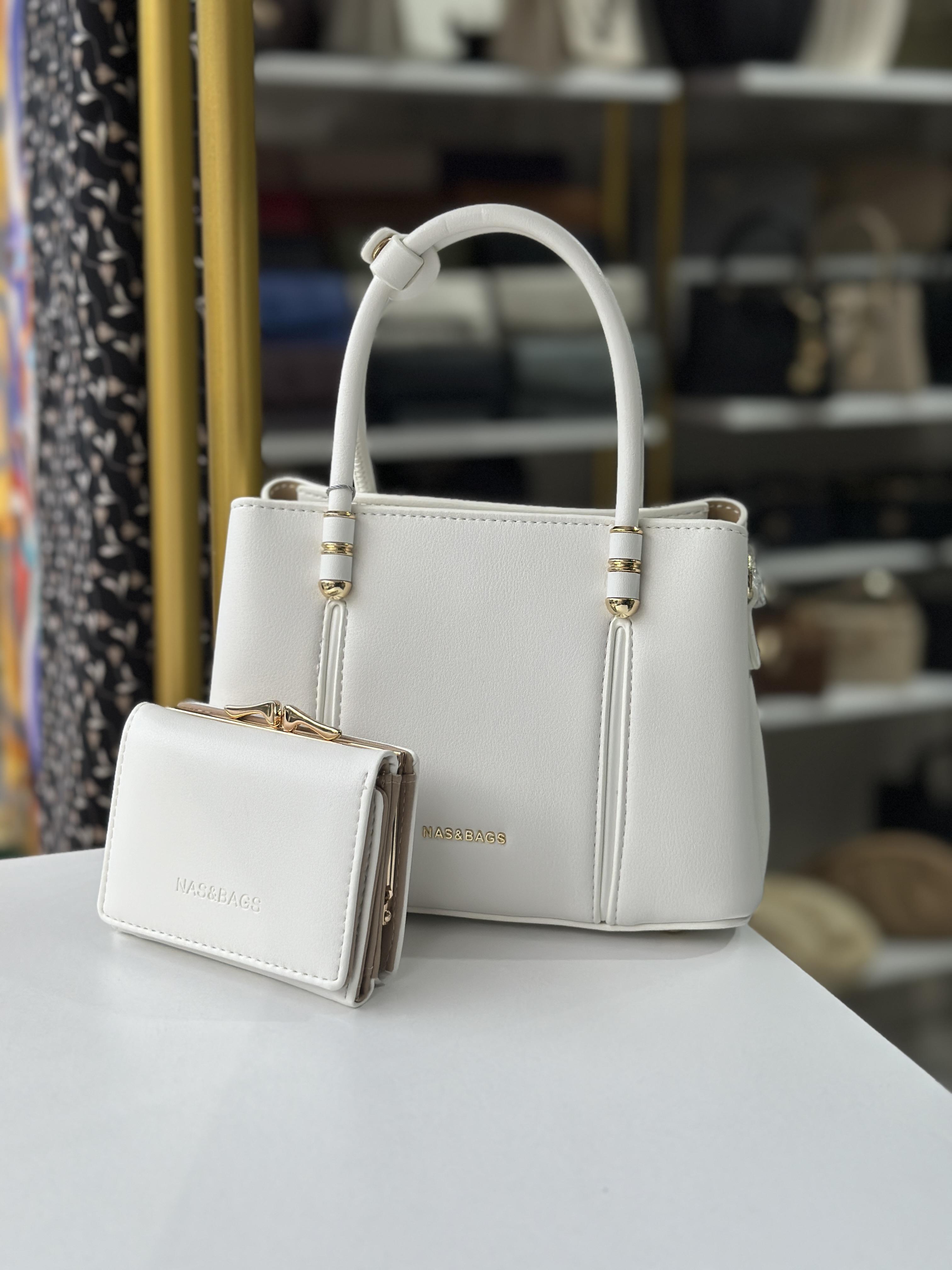 Nas&bags cüzdanlı İthal Deri beyaz çanta